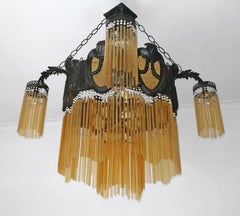Massive French Art Nouveau Art Deco Bronze Chandelier w Amber Glass Fringe c1920