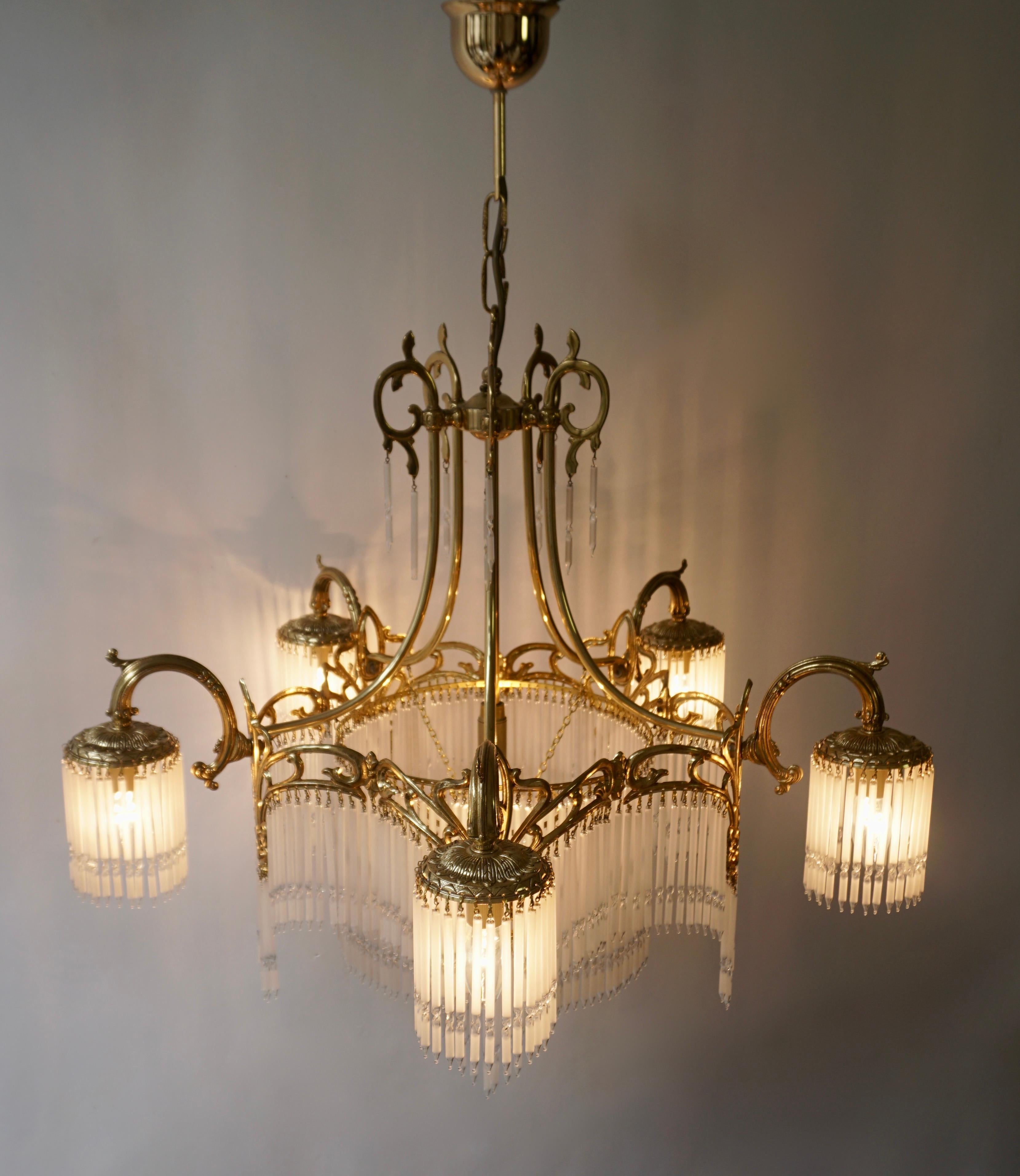 Large French Art Nouveau & Art Deco Brass and Glass Rods Chandelier 2