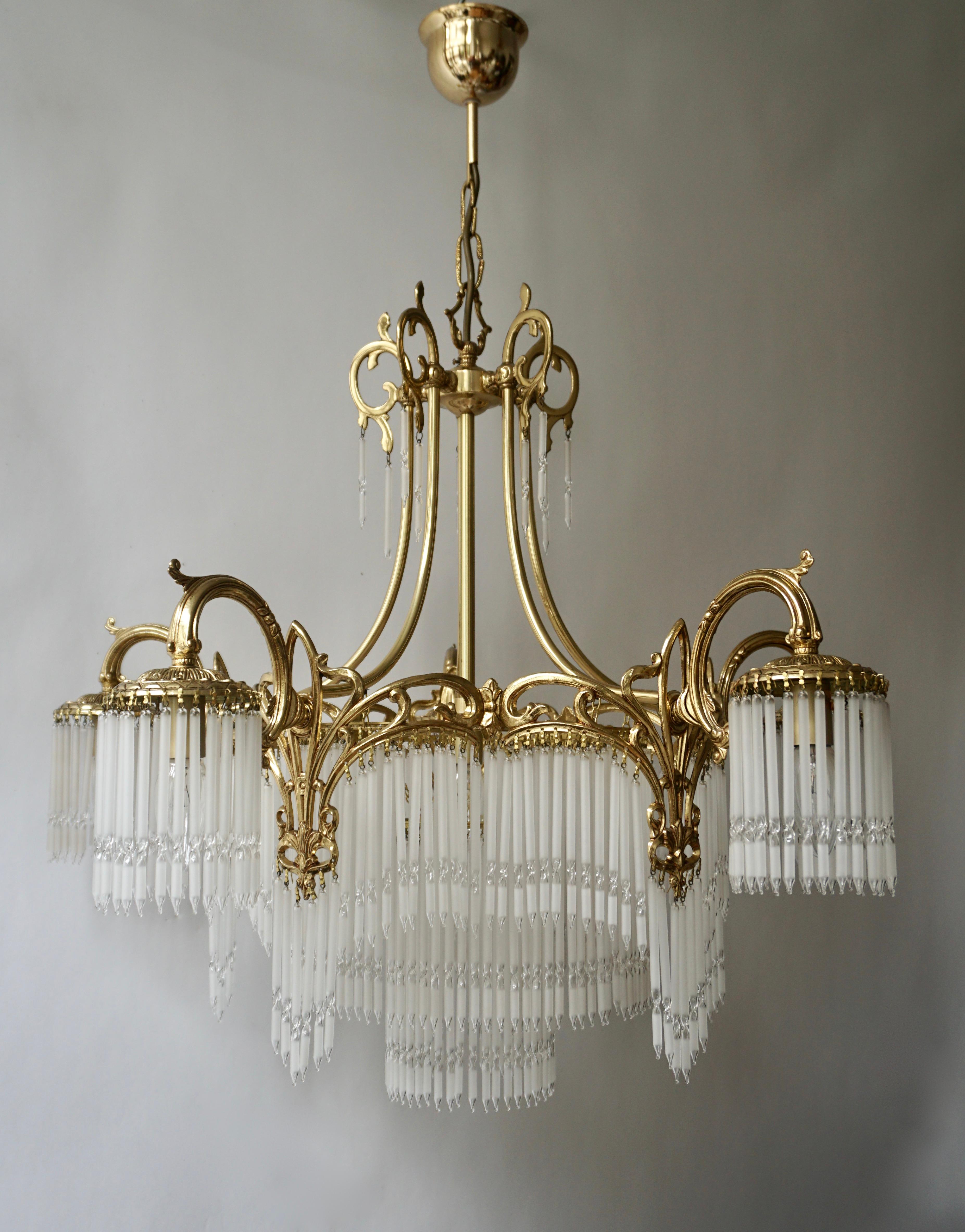 Hollywood Regency Large French Art Nouveau & Art Deco Brass and Glass Rods Chandelier