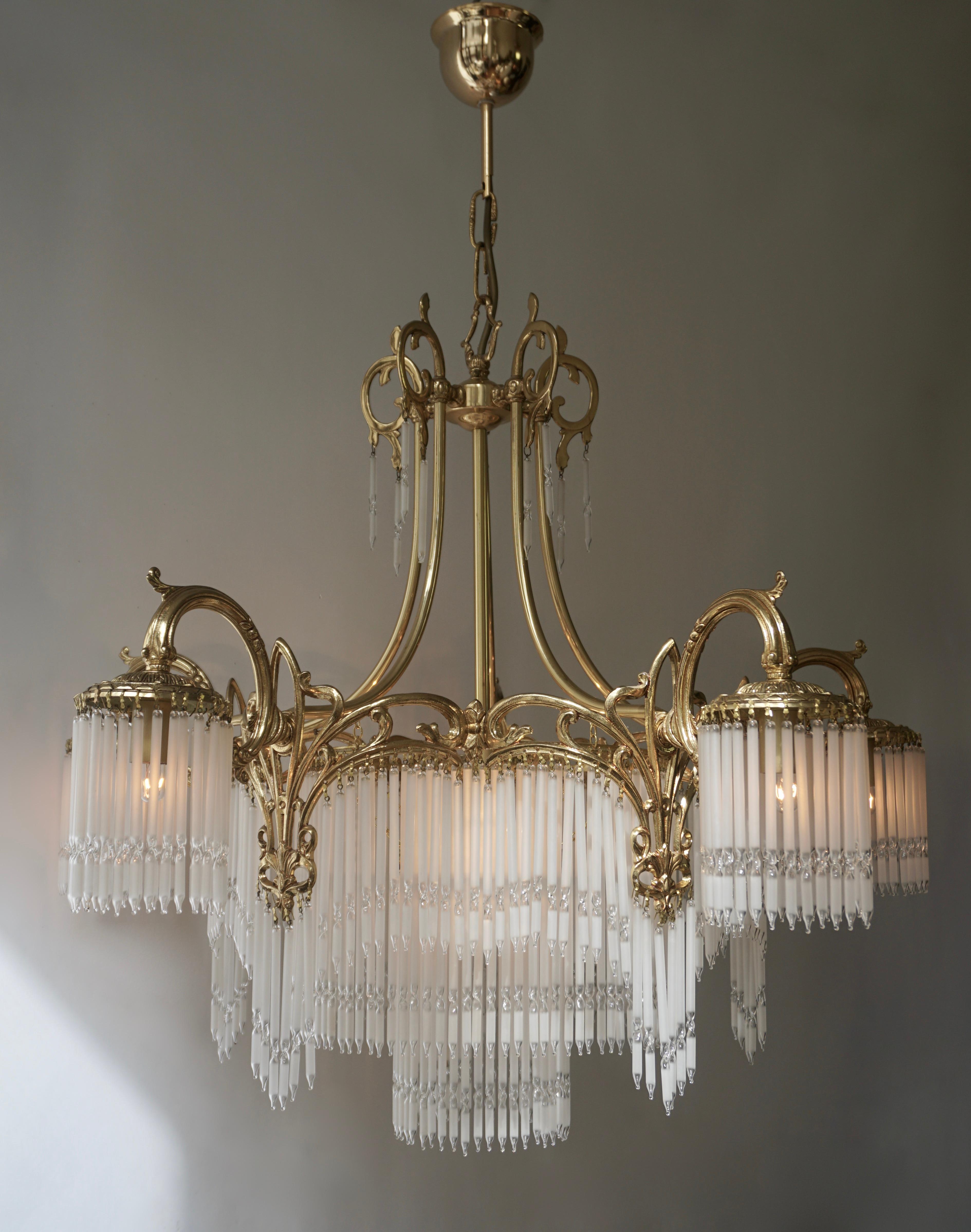 Italian Large French Art Nouveau & Art Deco Brass and Glass Rods Chandelier