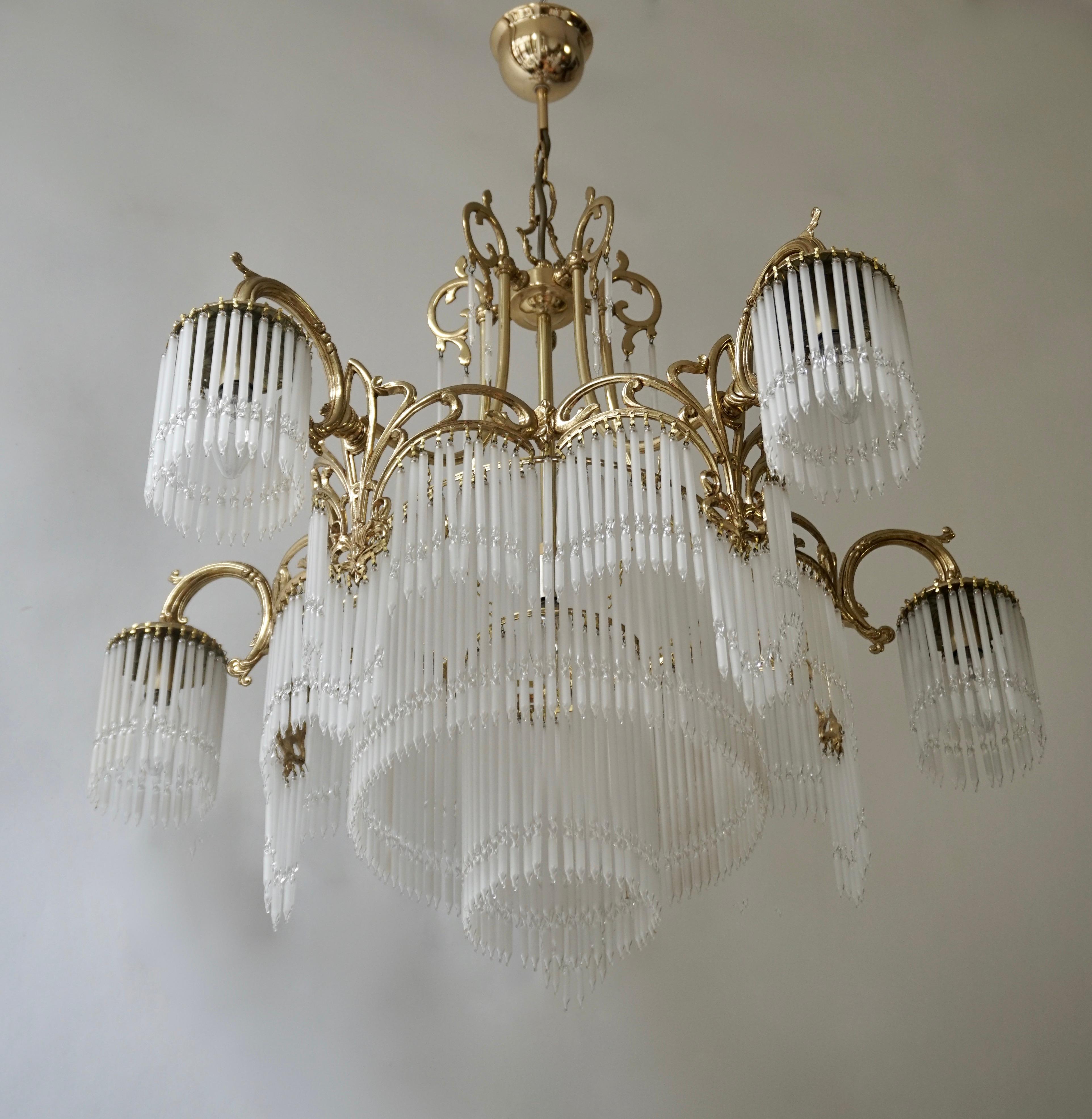 Large French Art Nouveau & Art Deco Brass and Glass Rods Chandelier In Good Condition In Antwerp, BE