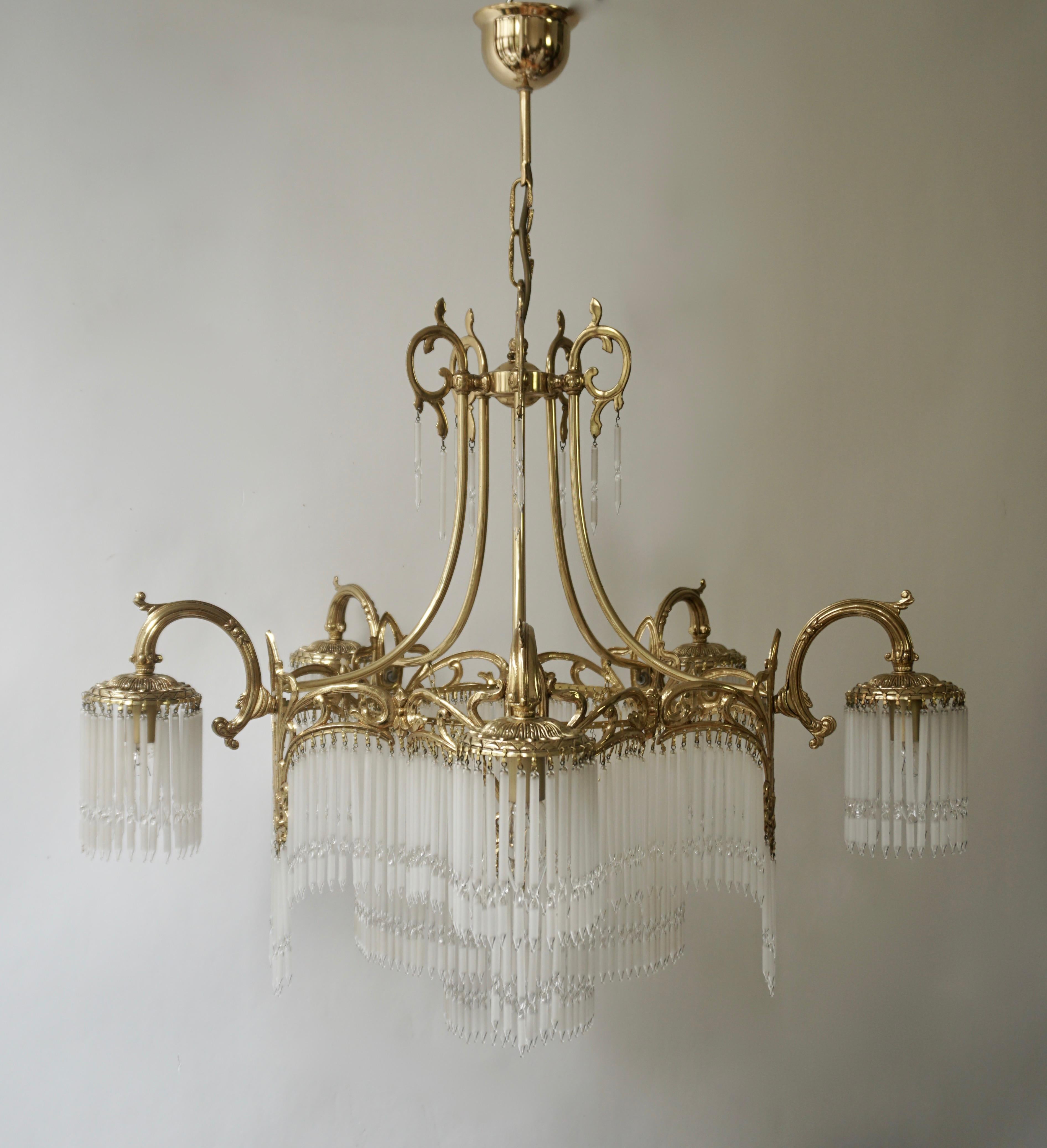 20th Century Large French Art Nouveau & Art Deco Brass and Glass Rods Chandelier