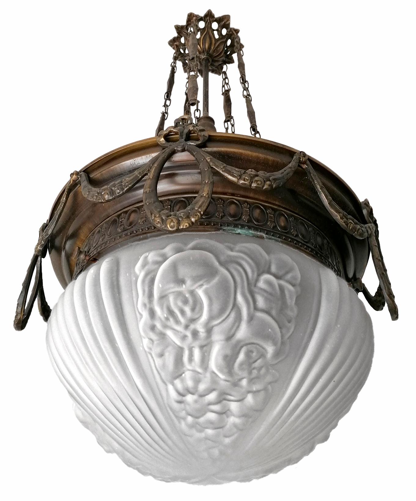 Large French Art Nouveau Art Deco Burnished Brass & Frosted Glass Chandelier In Fair Condition In Coimbra, PT