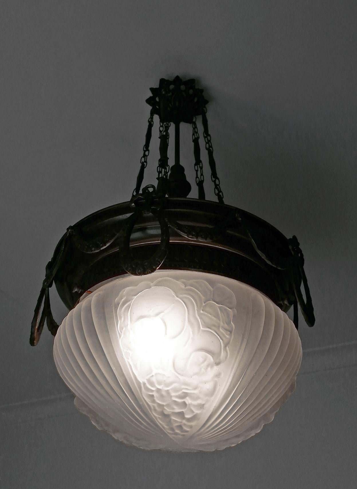 Large French Art Nouveau Art Deco Burnished Brass & Frosted Glass Chandelier 1