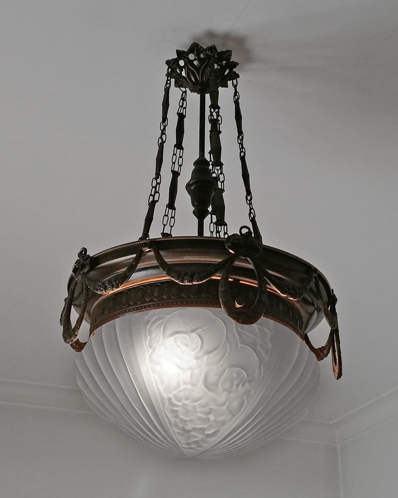 Large French Art Nouveau Art Deco Burnished Brass & Frosted Glass Chandelier 2