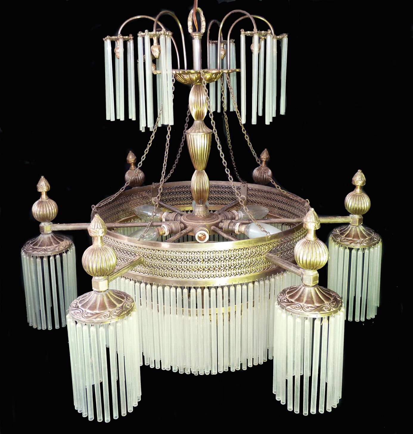 20th Century Large French Art Nouveau, Art Deco Glass Straws Fringe 12 Light Brass Chandelier