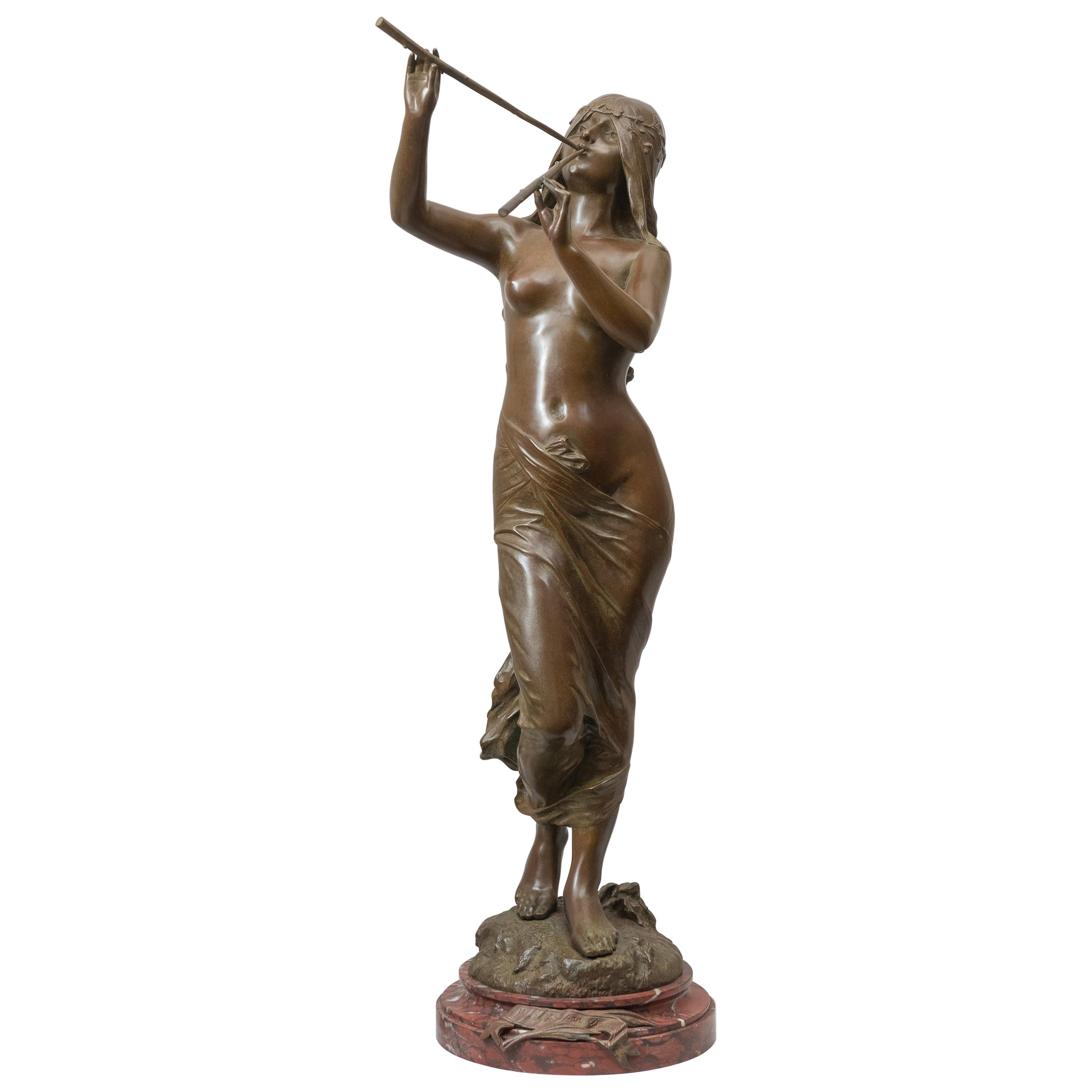 Large French Art Nouveau Bronze of a Partially Nude Maiden, Artist signed Drouot