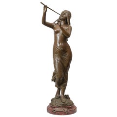 Large French Art Nouveau Bronze of a Partially Nude Maiden, Artist signed Drouot