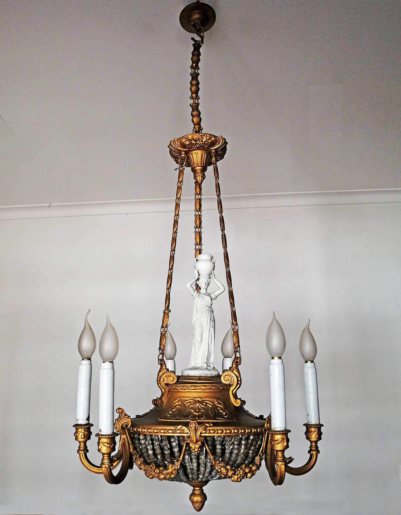 Large French Art Nouveau Empire Porcelain Caryatid Bronze Glass Beads Chandelier In Good Condition In Coimbra, PT