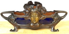 Large French Art Nouveau “Femme-Fleur” Bronze & Cobalt Porcelain Centerpiece