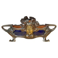 Large French Art Nouveau “Femme-Fleur” Bronze & Cobalt Porcelain Centerpiece