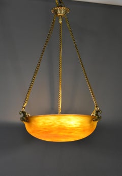 Large French Art Nouveau Glass & Bronze Ceiling Light