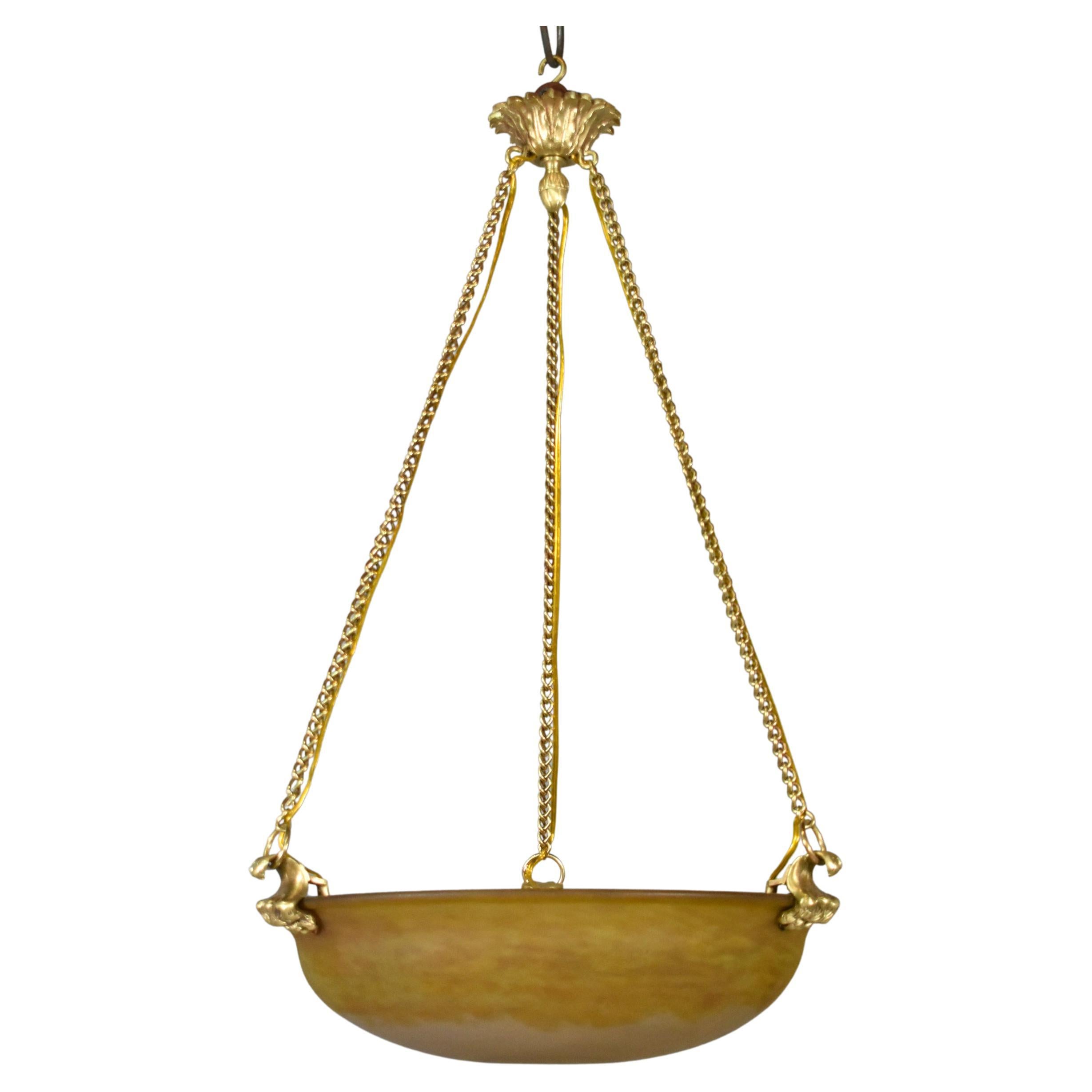 Large French Art Nouveau Glass 
Bronze Ceiling Light