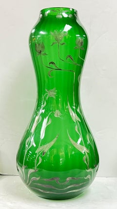Large French Art Nouveau Green Glass Vase