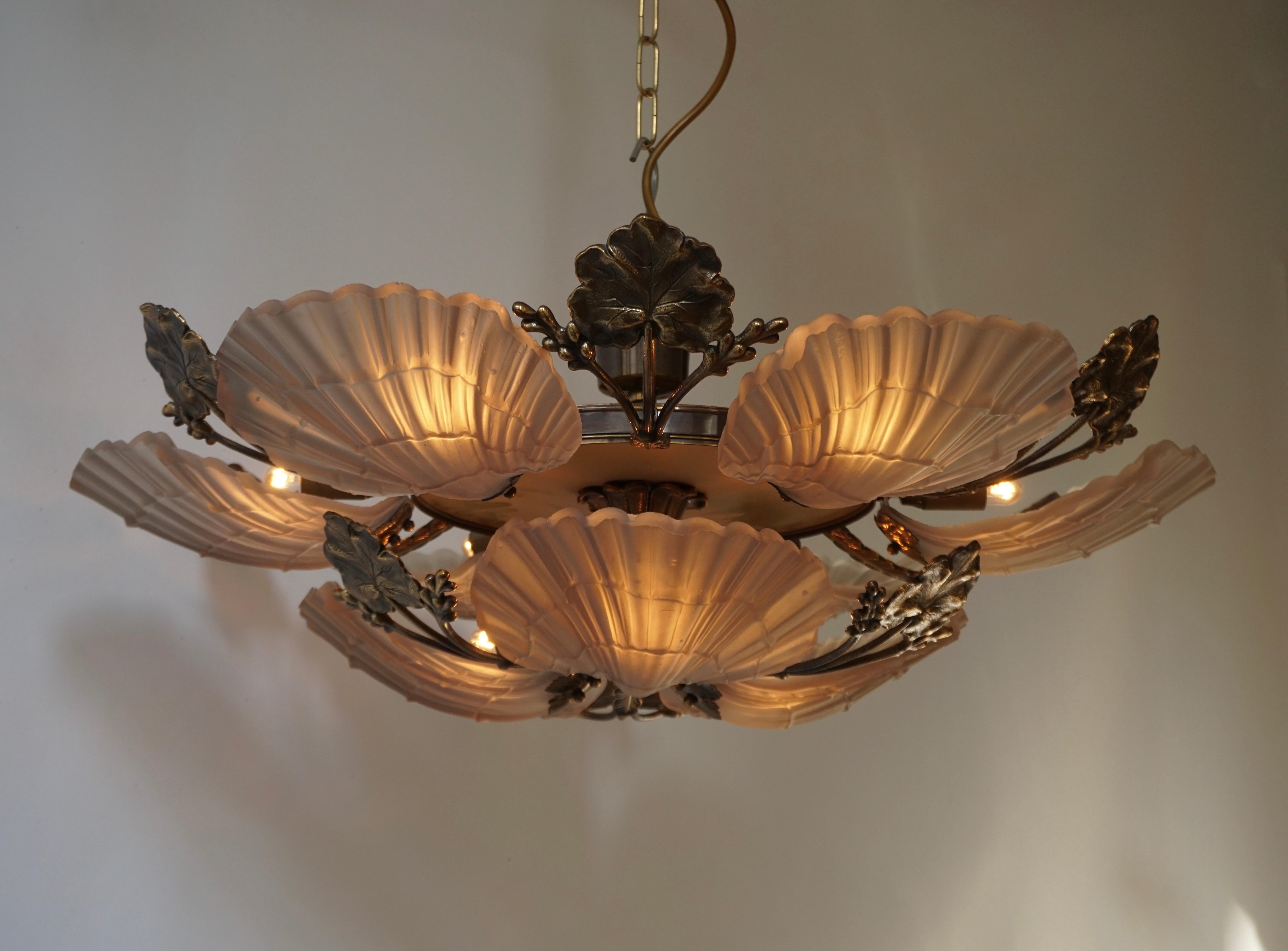 Large French Art Nouveau Hollywood Regency Chandelier, Brass and Glass In Good Condition In Antwerp, BE