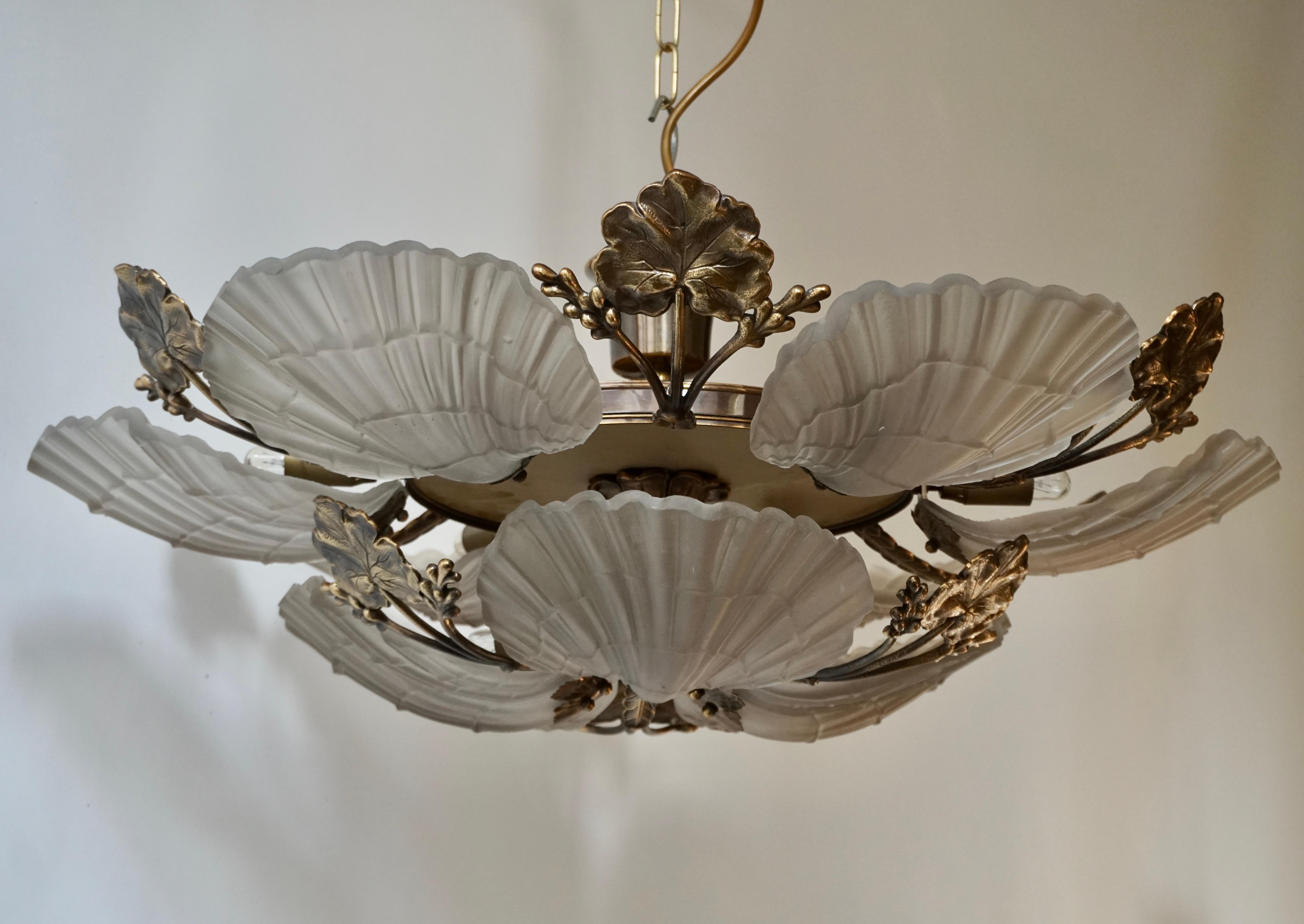 Large French Art Nouveau Hollywood Regency Chandelier, Brass and Glass 2