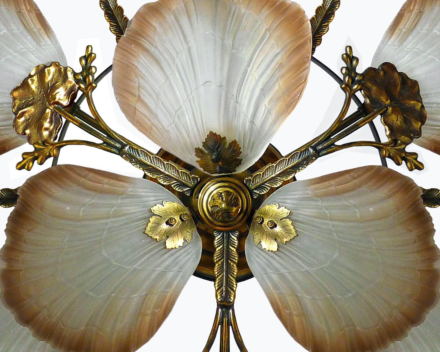 Frosted Large French Art Nouveau Hollywood Regency Chandelier, Gilt Bronze & Amber Glass