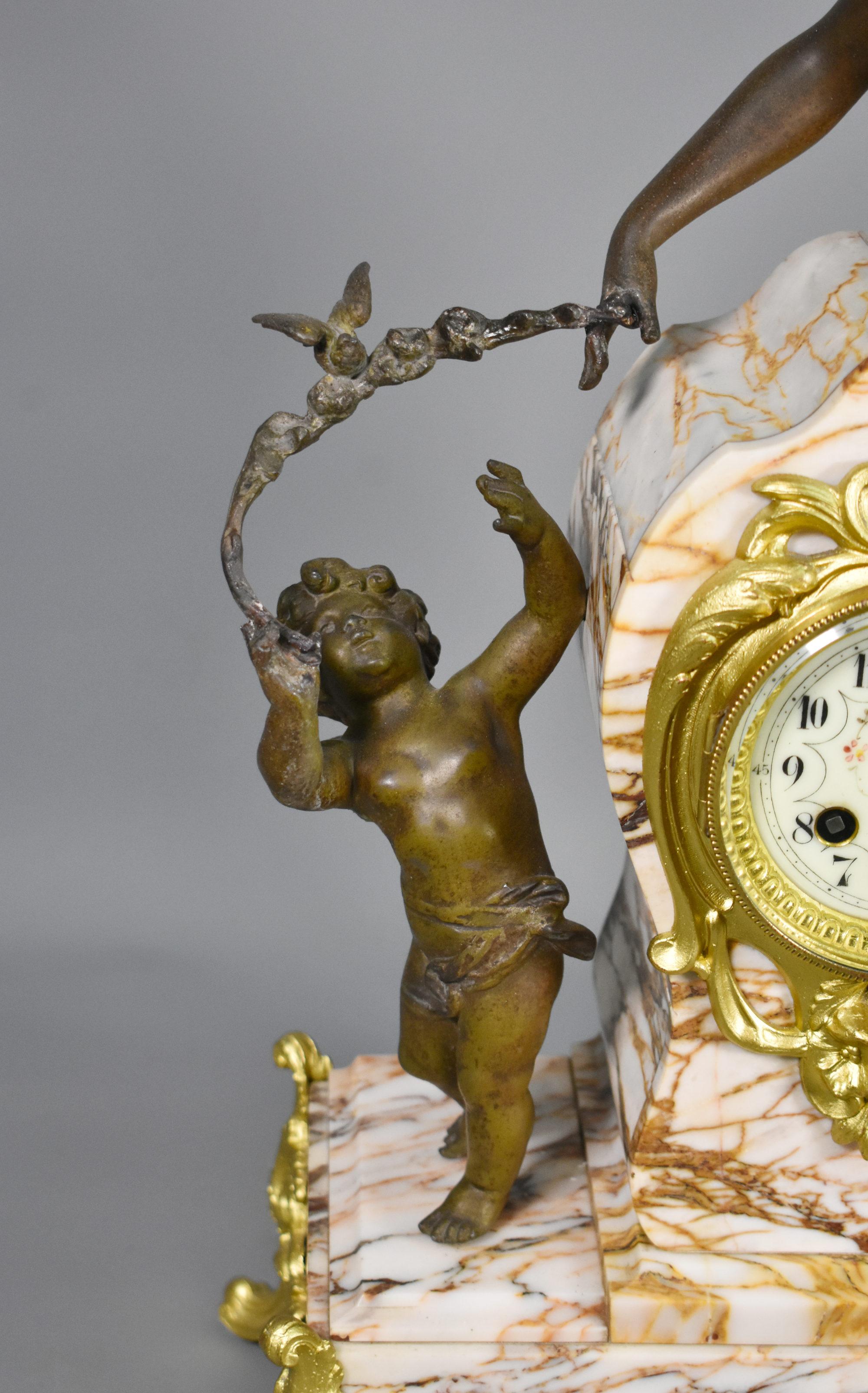 Large French Art Nouveau Mantel Clock and Garniture For Sale 4