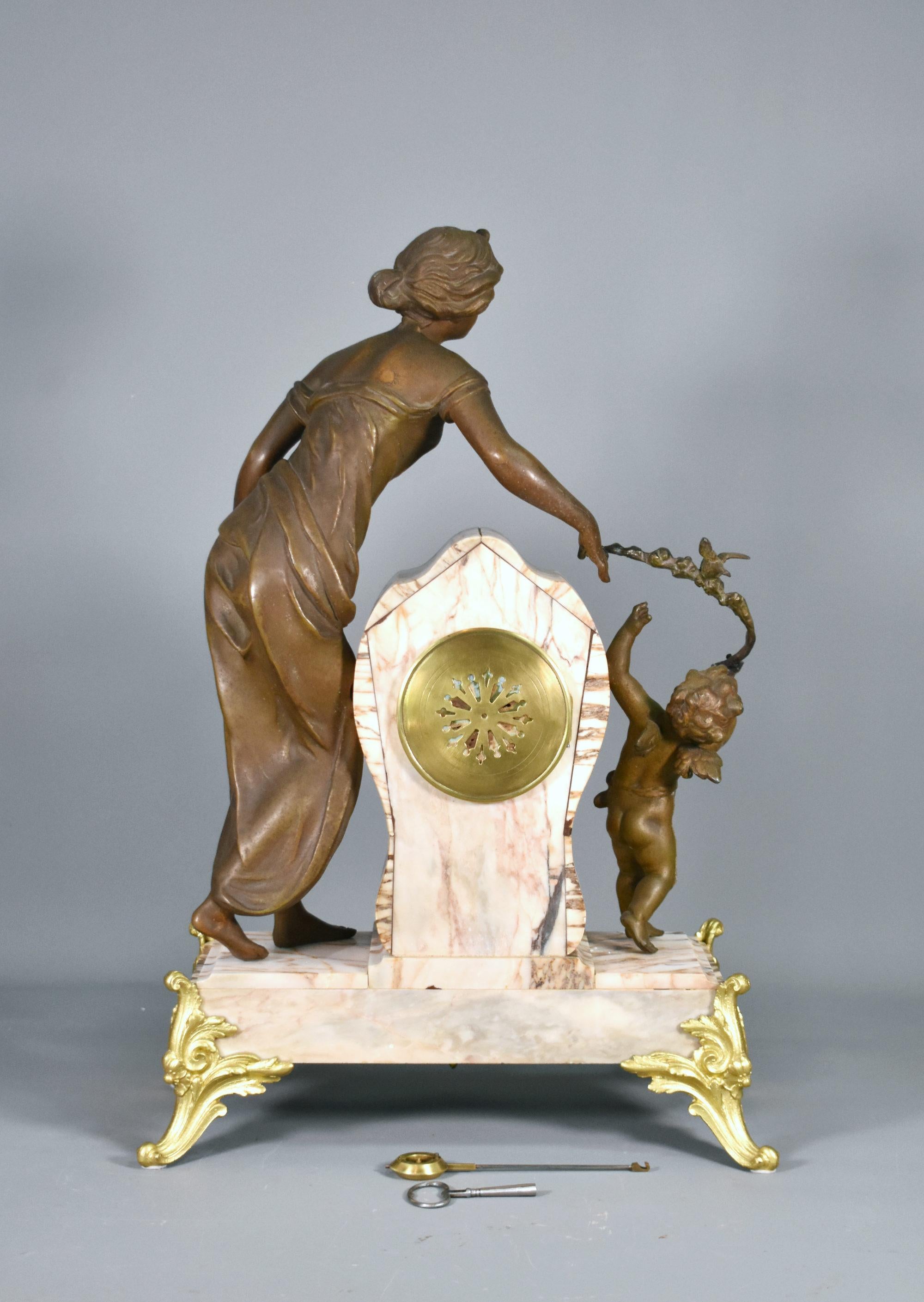 Large French Art Nouveau Mantel Clock and Garniture For Sale 5