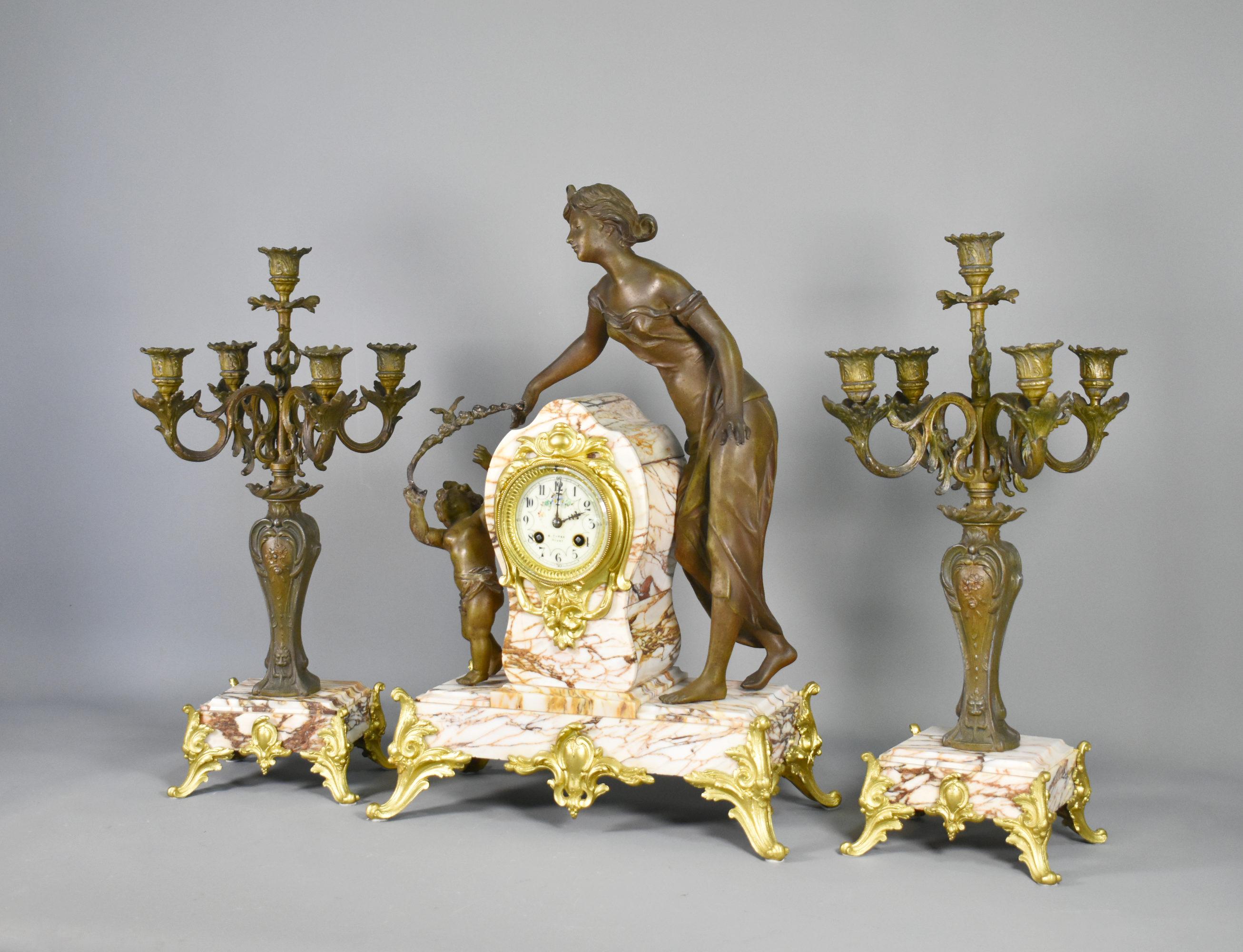 Gilt Large French Art Nouveau Mantel Clock and Garniture For Sale