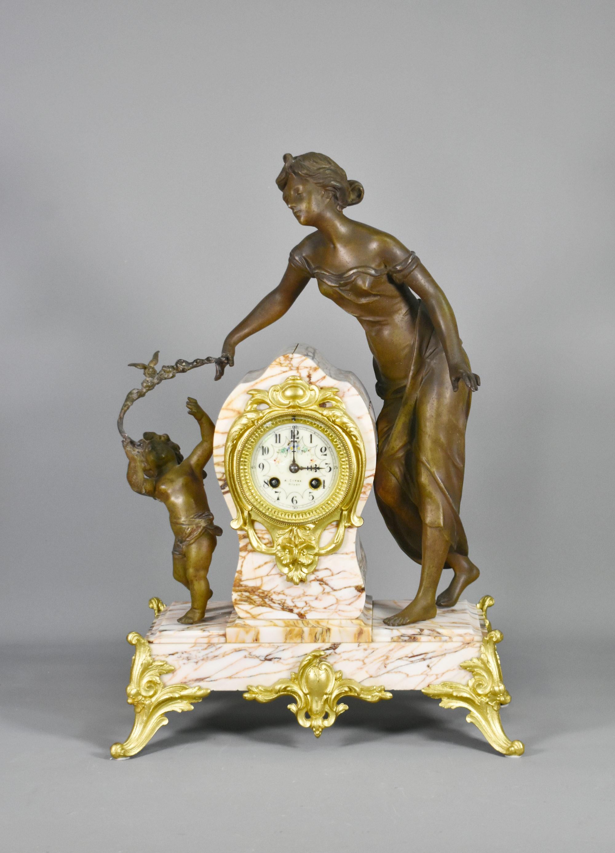 Large French Art Nouveau Mantel Clock and Garniture In Good Condition For Sale In SAINTE-COLOMBE, FR