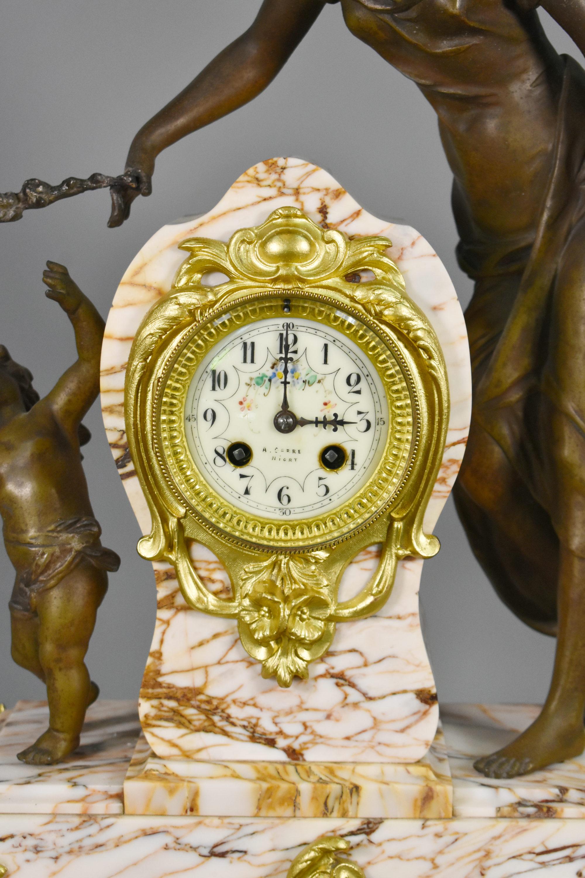 19th Century Large French Art Nouveau Mantel Clock and Garniture For Sale