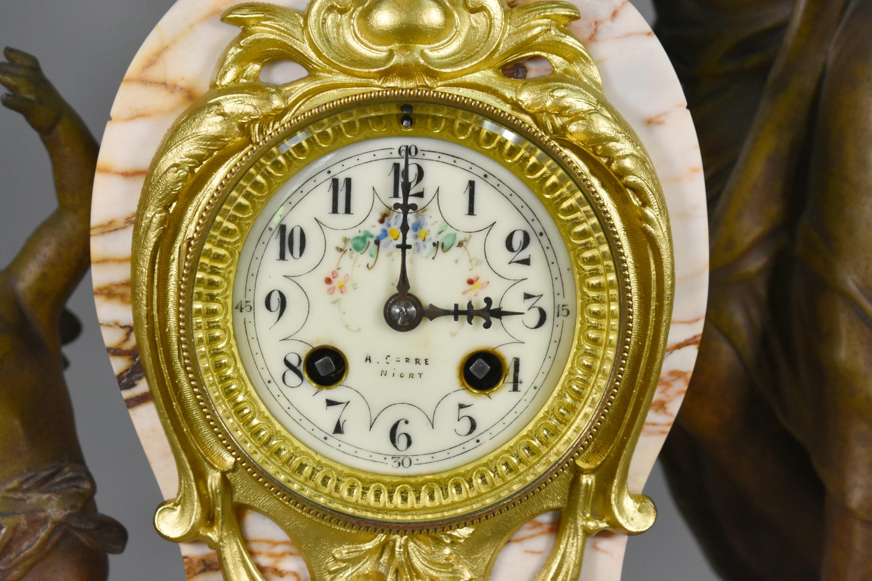 Brass Large French Art Nouveau Mantel Clock and Garniture For Sale