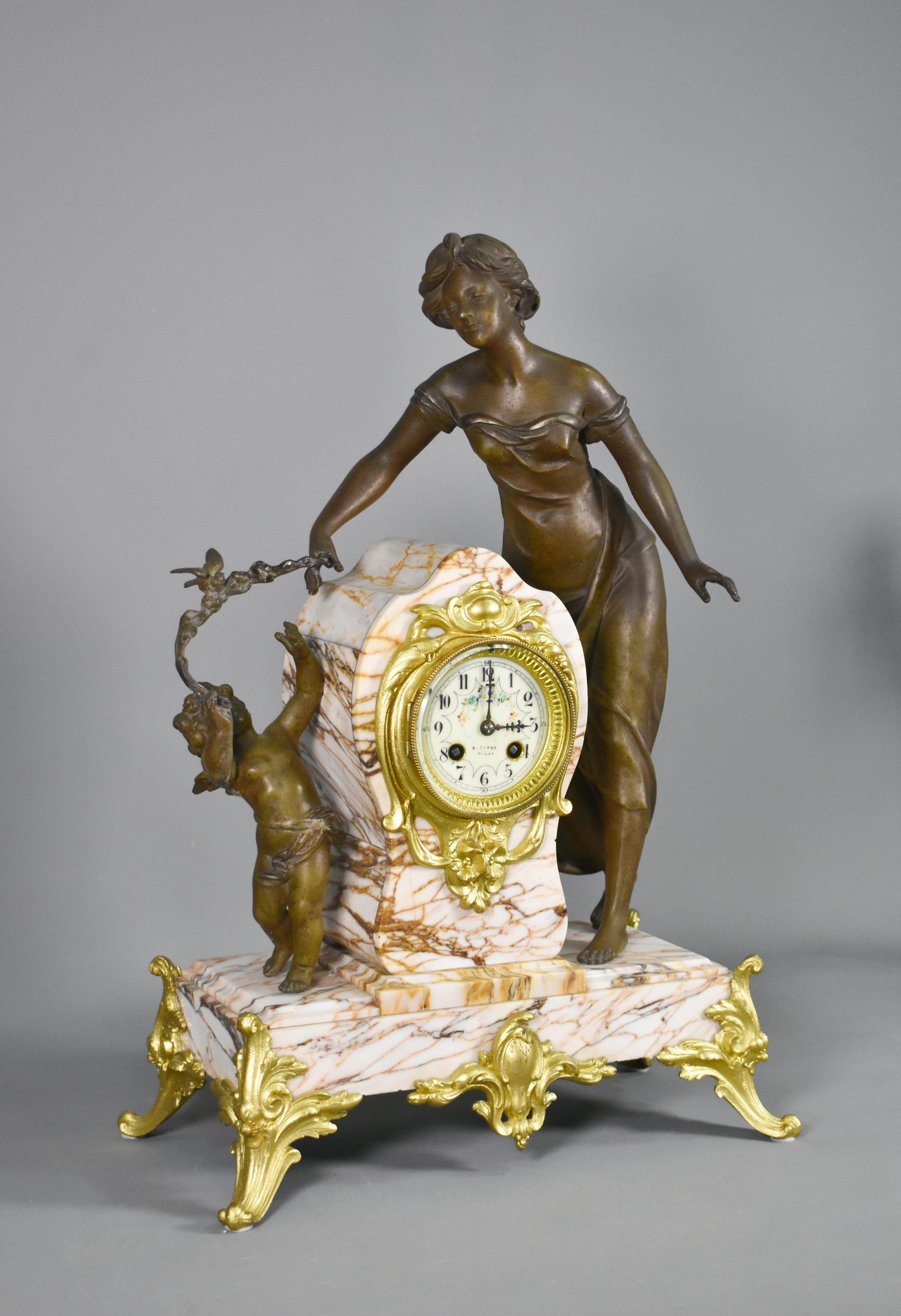 Large French Art Nouveau Mantel Clock and Garniture For Sale 1