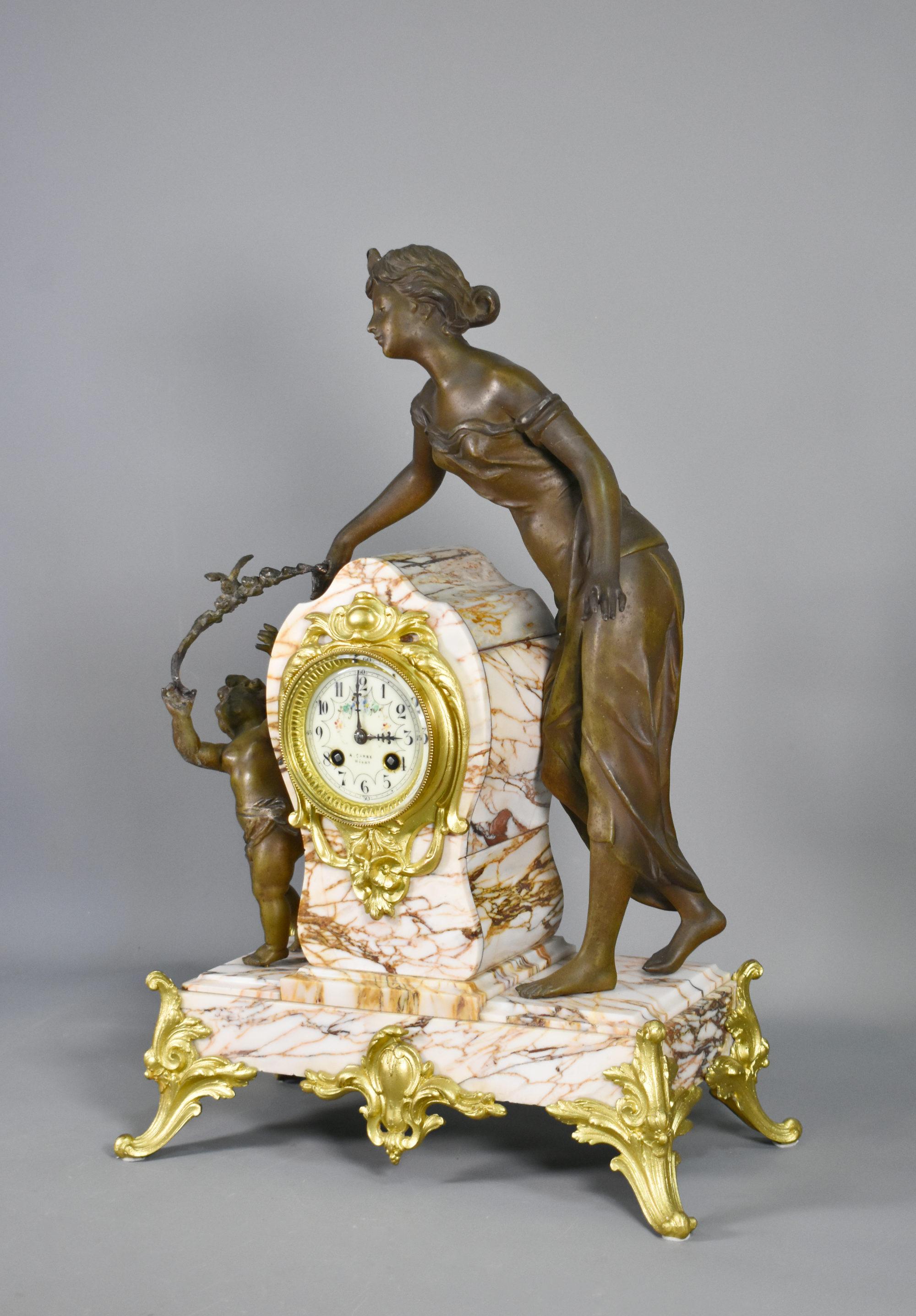 Large French Art Nouveau Mantel Clock and Garniture For Sale 2