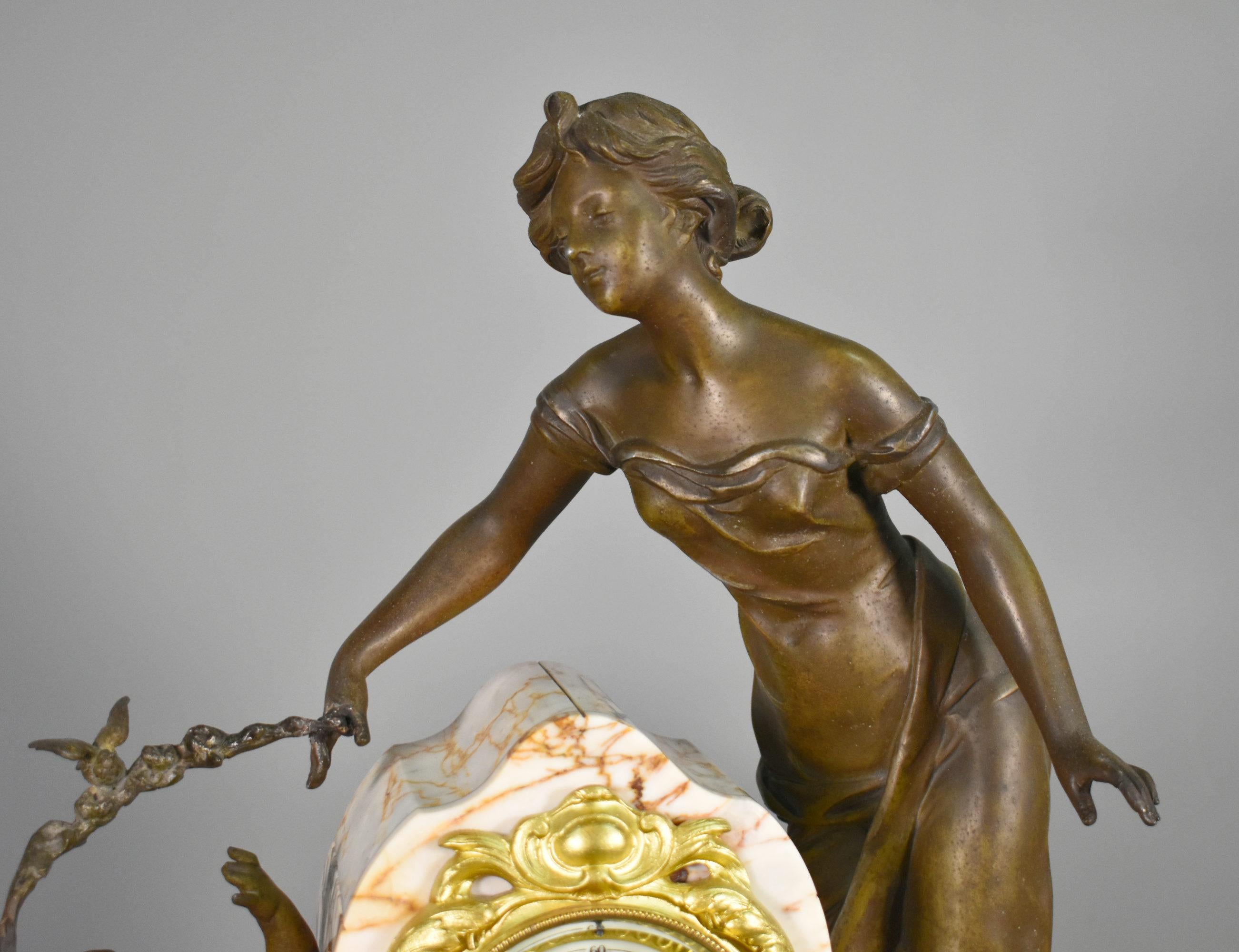 Large French Art Nouveau Mantel Clock and Garniture For Sale 3