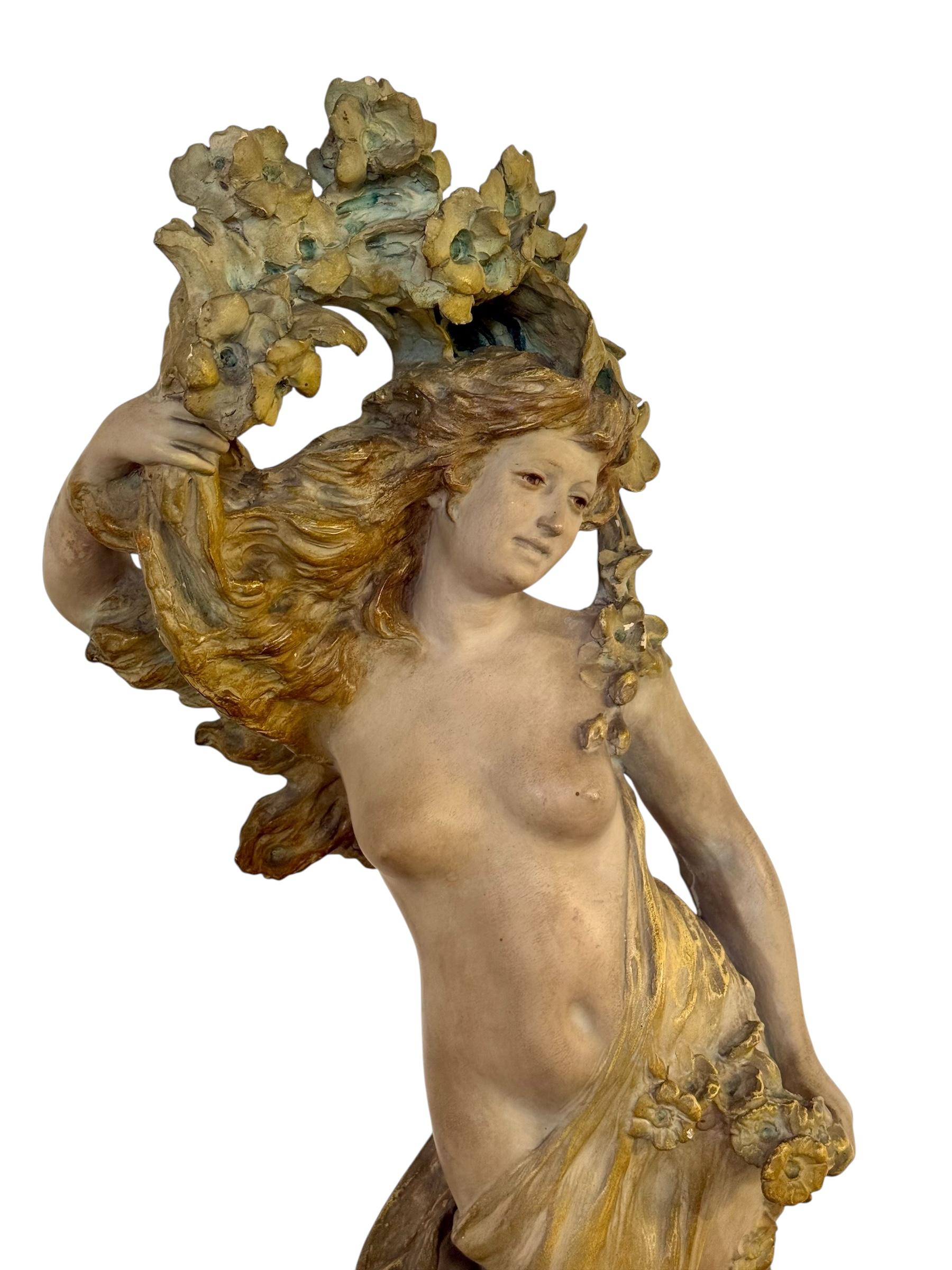 Large French Art Nouveau Polychrome Plaster Statue of a Floral Maiden, c.1900 For Sale 5