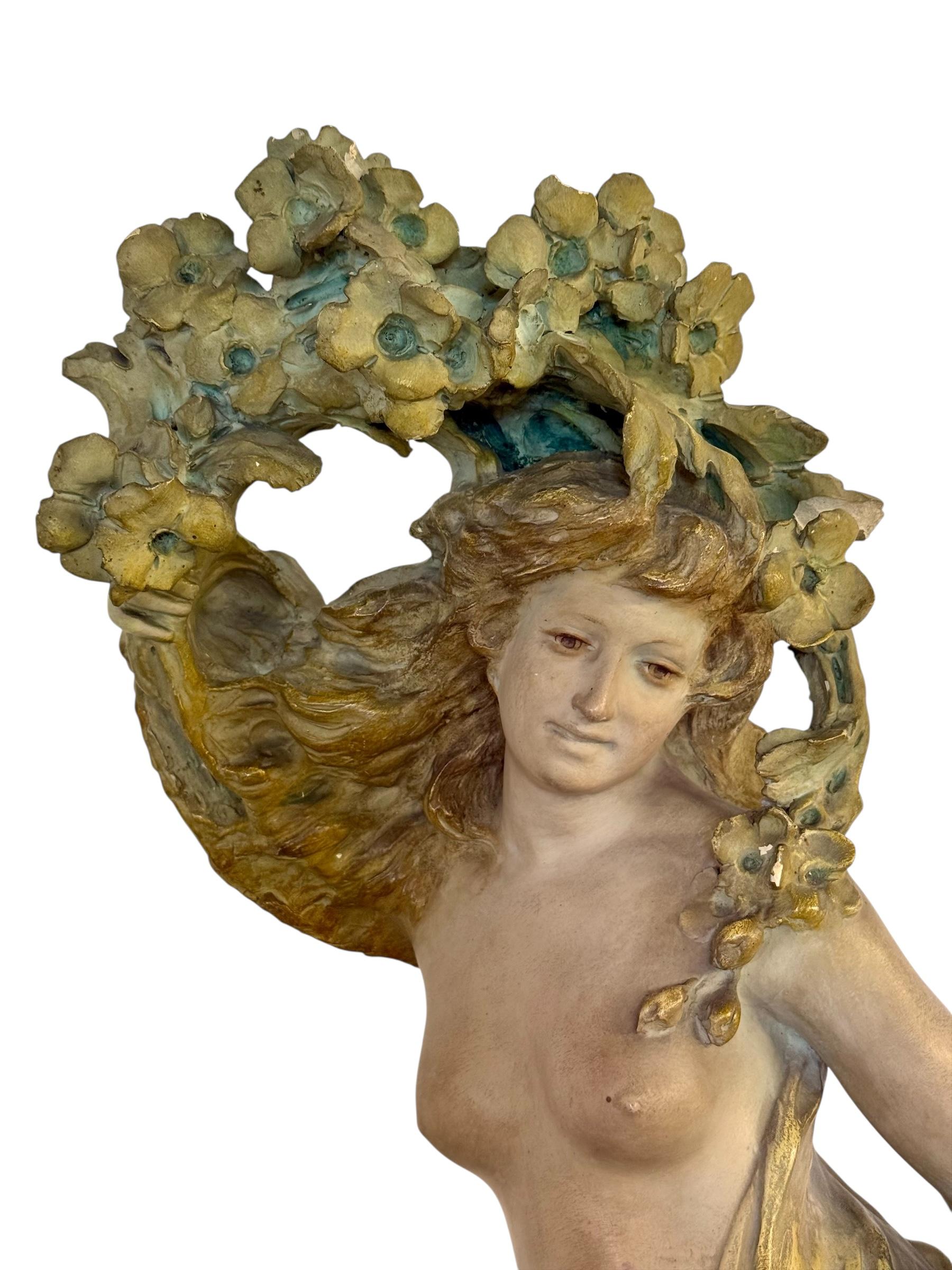 Large French Art Nouveau Polychrome Plaster Statue of a Floral Maiden, c.1900 For Sale 6