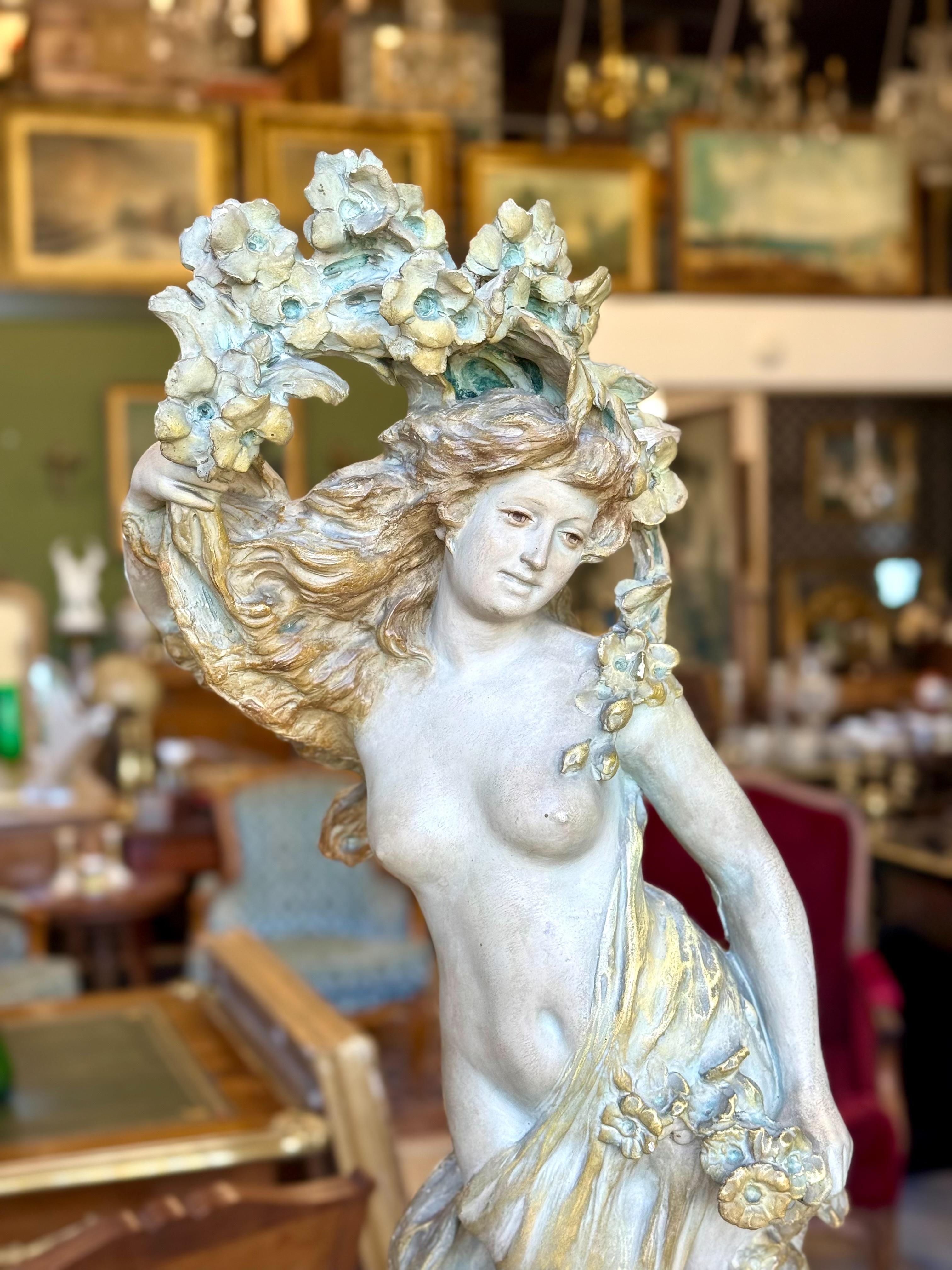Large French Art Nouveau Polychrome Plaster Statue of a Floral Maiden, c.1900 For Sale 7