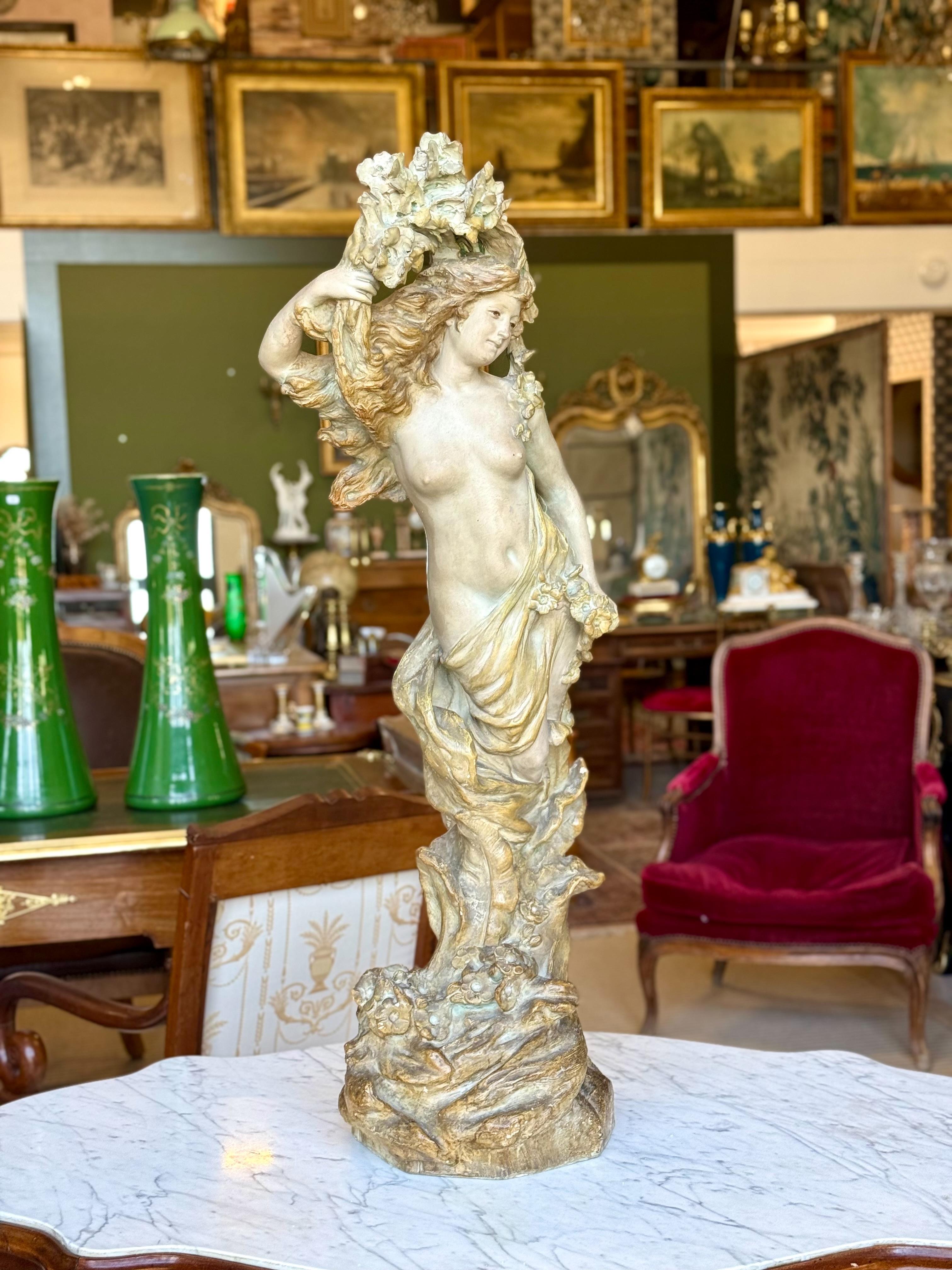 Large French Art Nouveau Polychrome Plaster Statue of a Floral Maiden, c.1900 For Sale 8