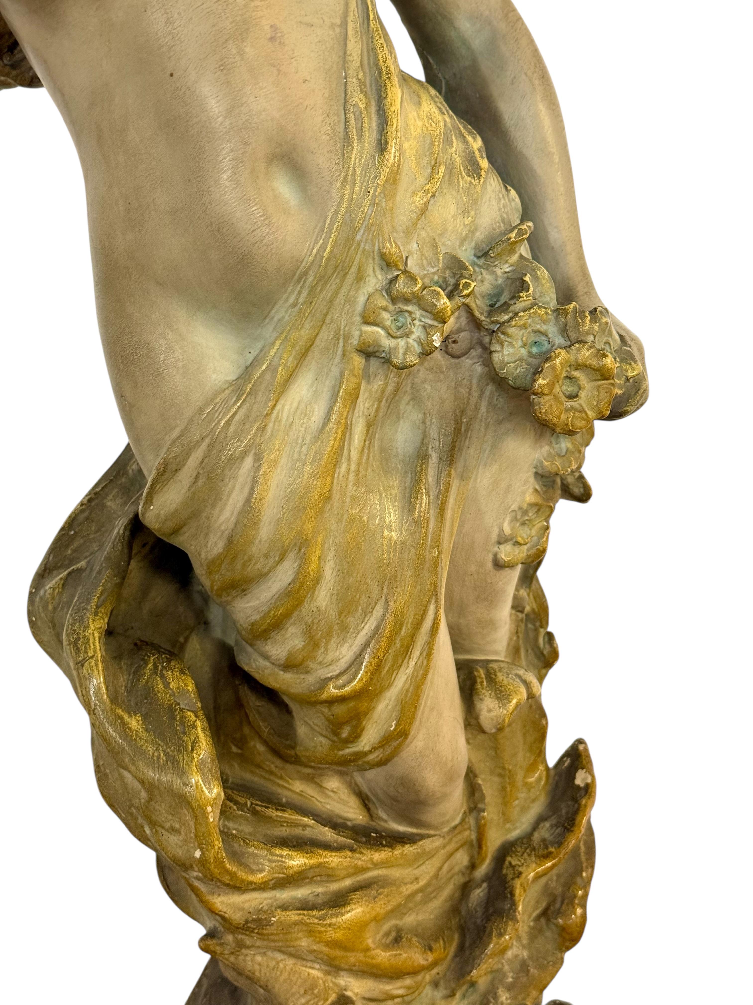 Hand-Painted Large French Art Nouveau Polychrome Plaster Statue of a Floral Maiden, c.1900 For Sale