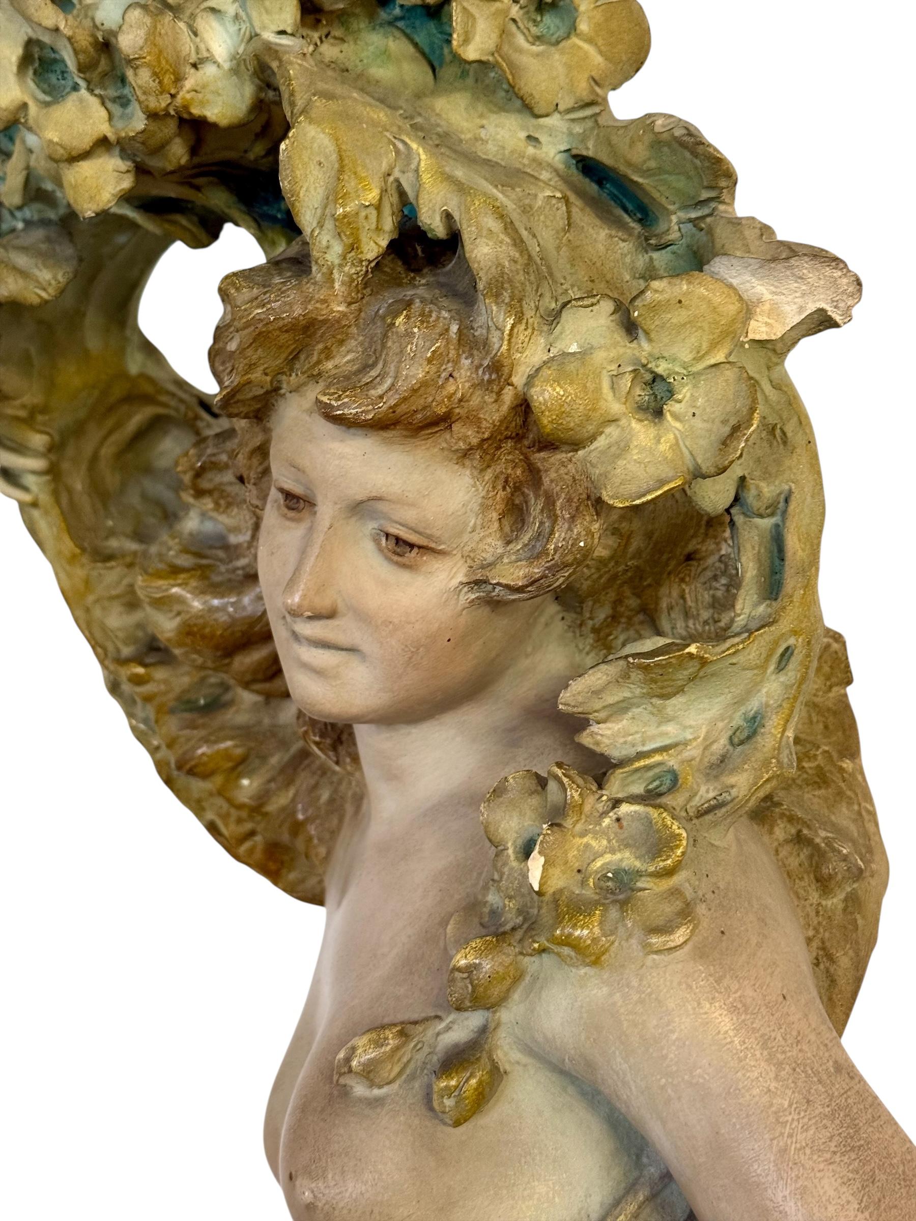 Large French Art Nouveau Polychrome Plaster Statue of a Floral Maiden, c.1900 In Good Condition For Sale In LA CIOTAT, FR