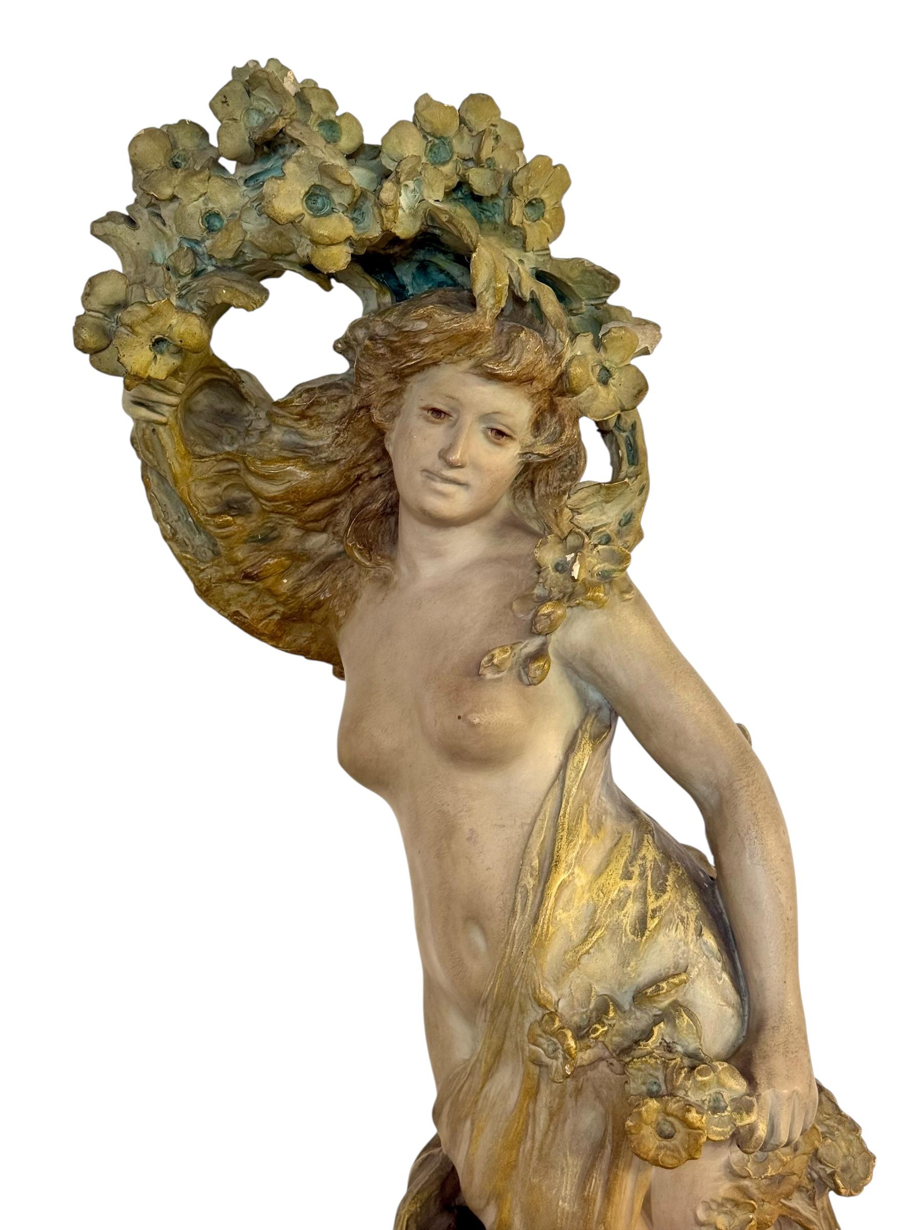 19th Century Large French Art Nouveau Polychrome Plaster Statue of a Floral Maiden, c.1900 For Sale