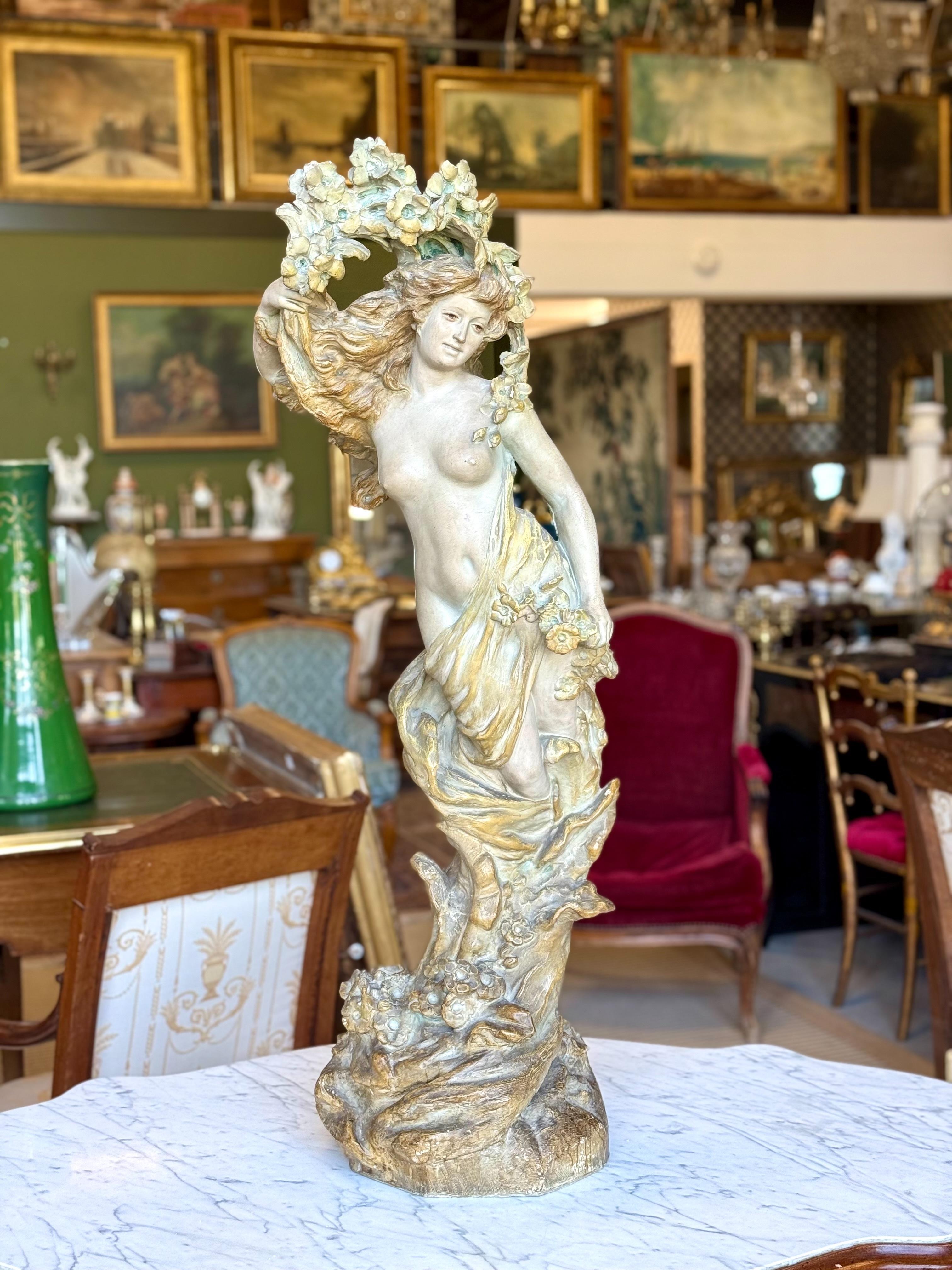 Large French Art Nouveau Polychrome Plaster Statue of a Floral Maiden, c.1900 For Sale 1