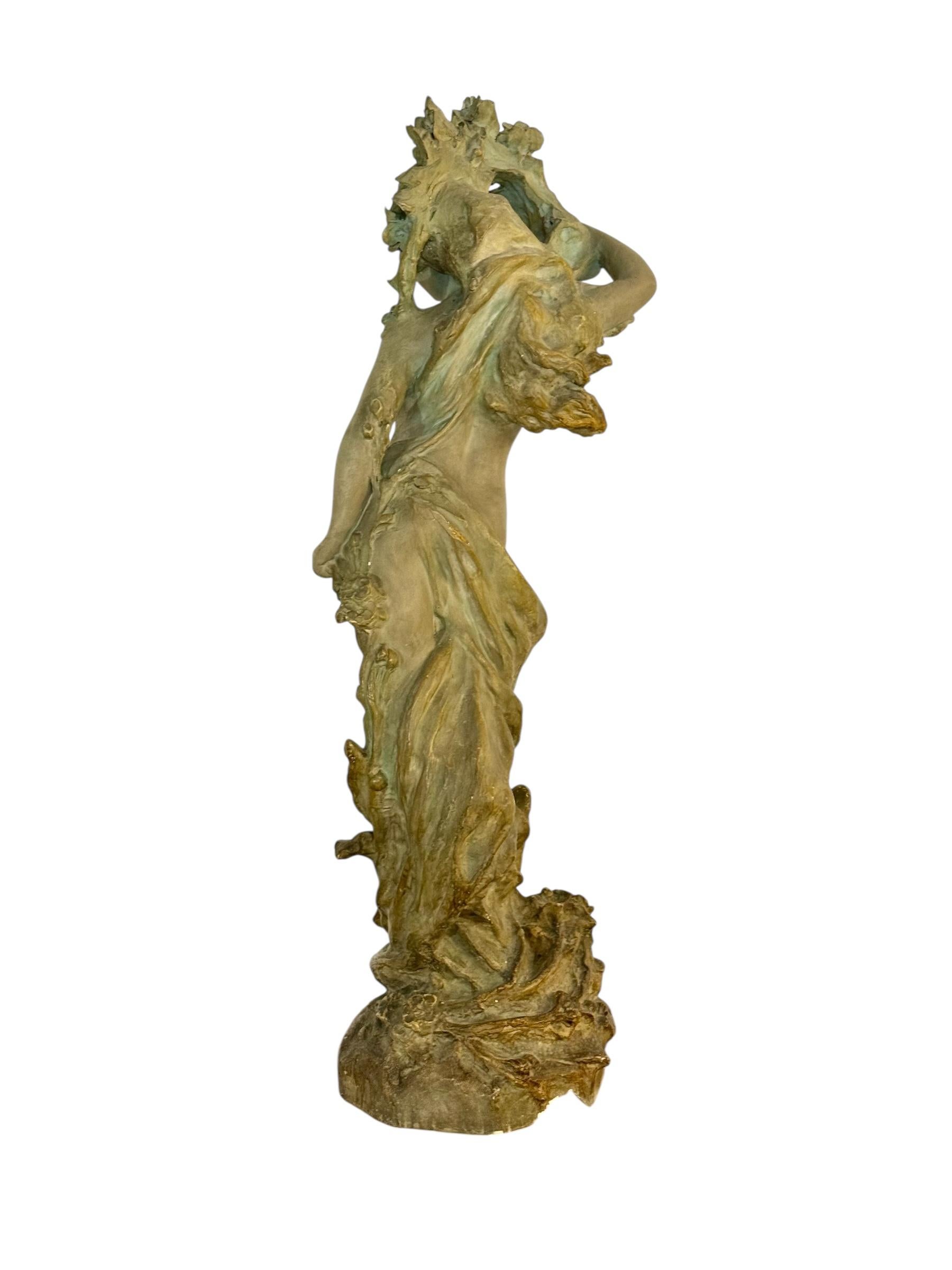 Large French Art Nouveau Polychrome Plaster Statue of a Floral Maiden, c.1900 For Sale 2