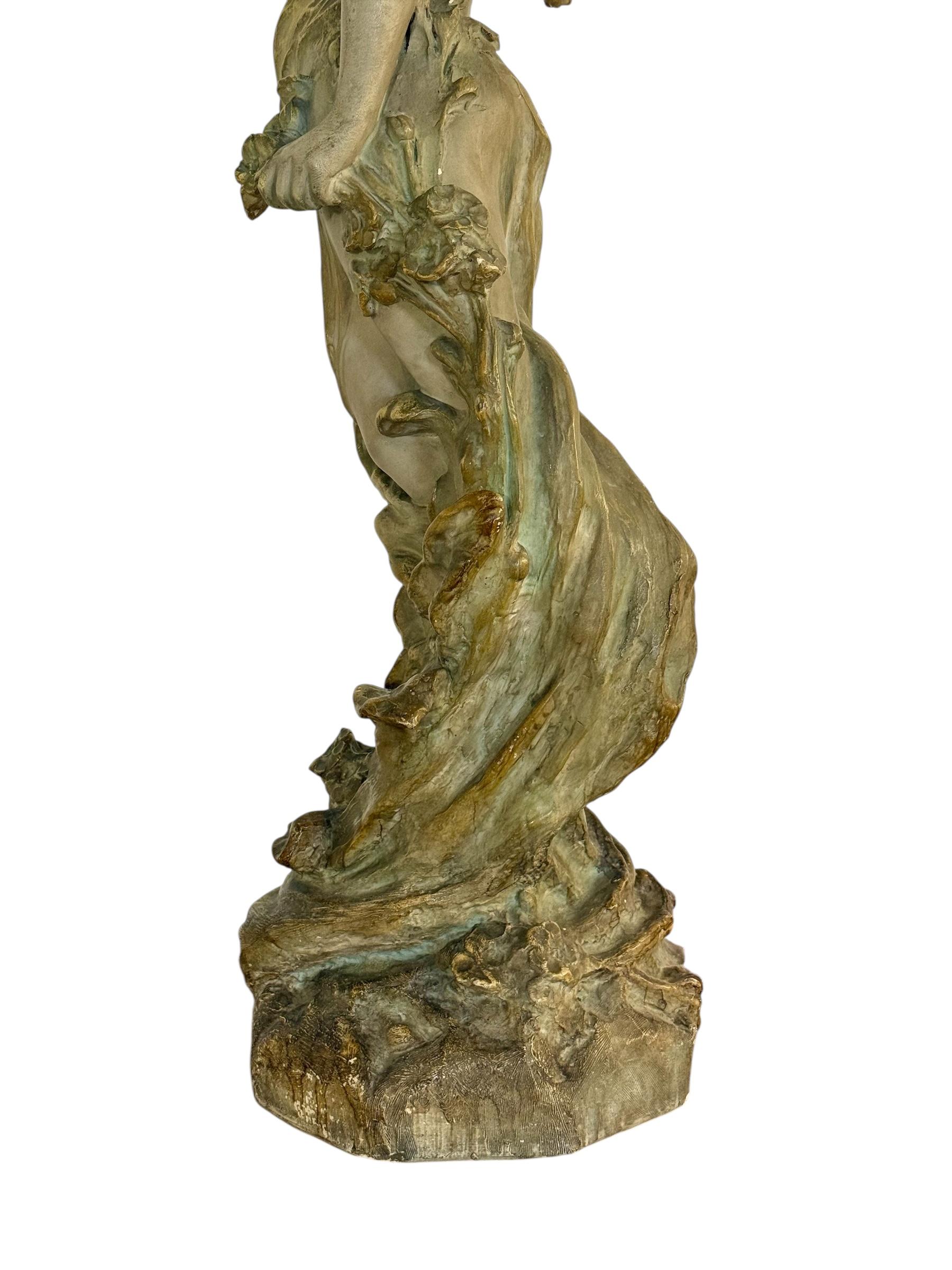Large French Art Nouveau Polychrome Plaster Statue of a Floral Maiden, c.1900 For Sale 3