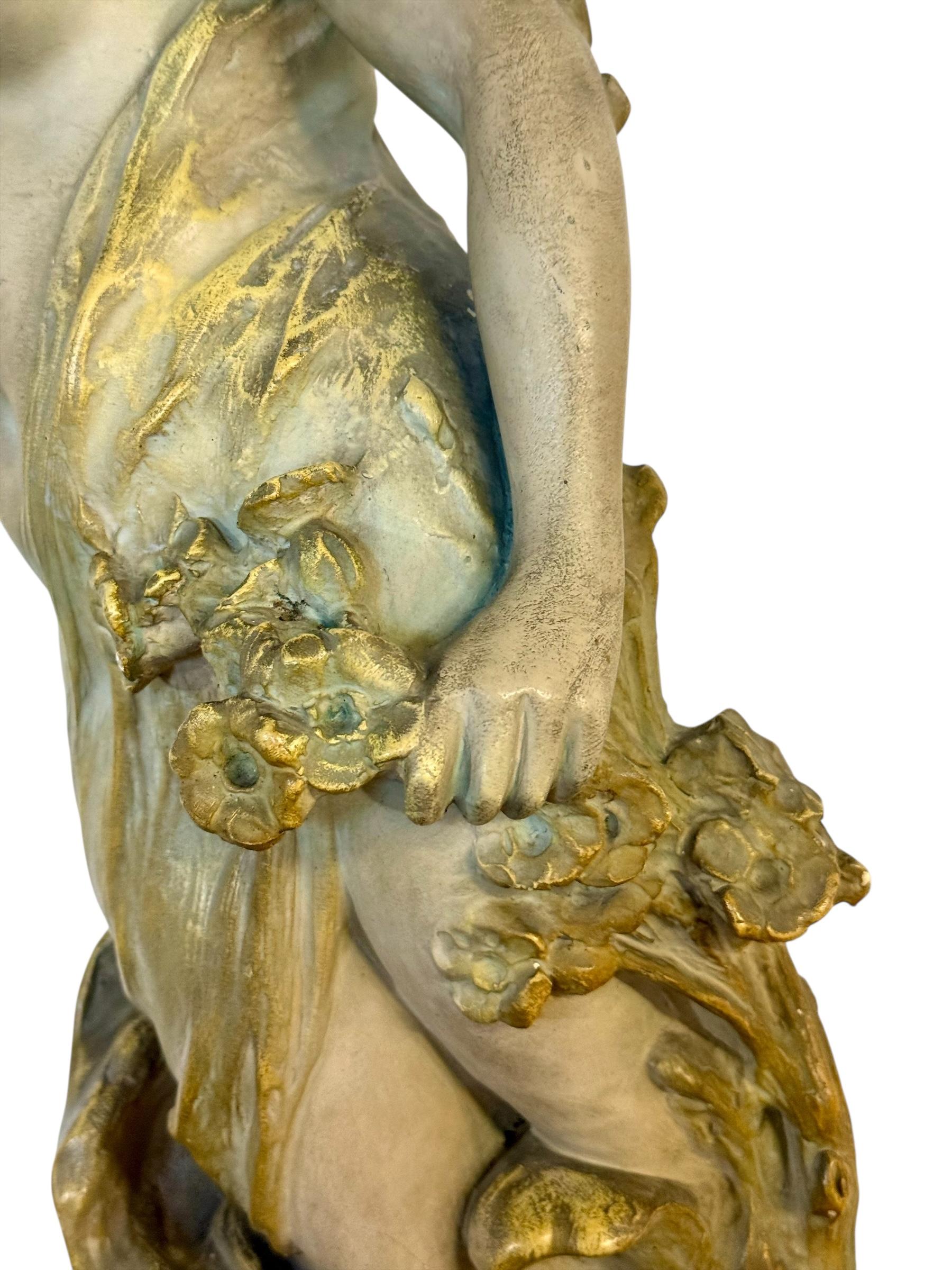 Large French Art Nouveau Polychrome Plaster Statue of a Floral Maiden, c.1900 For Sale 4