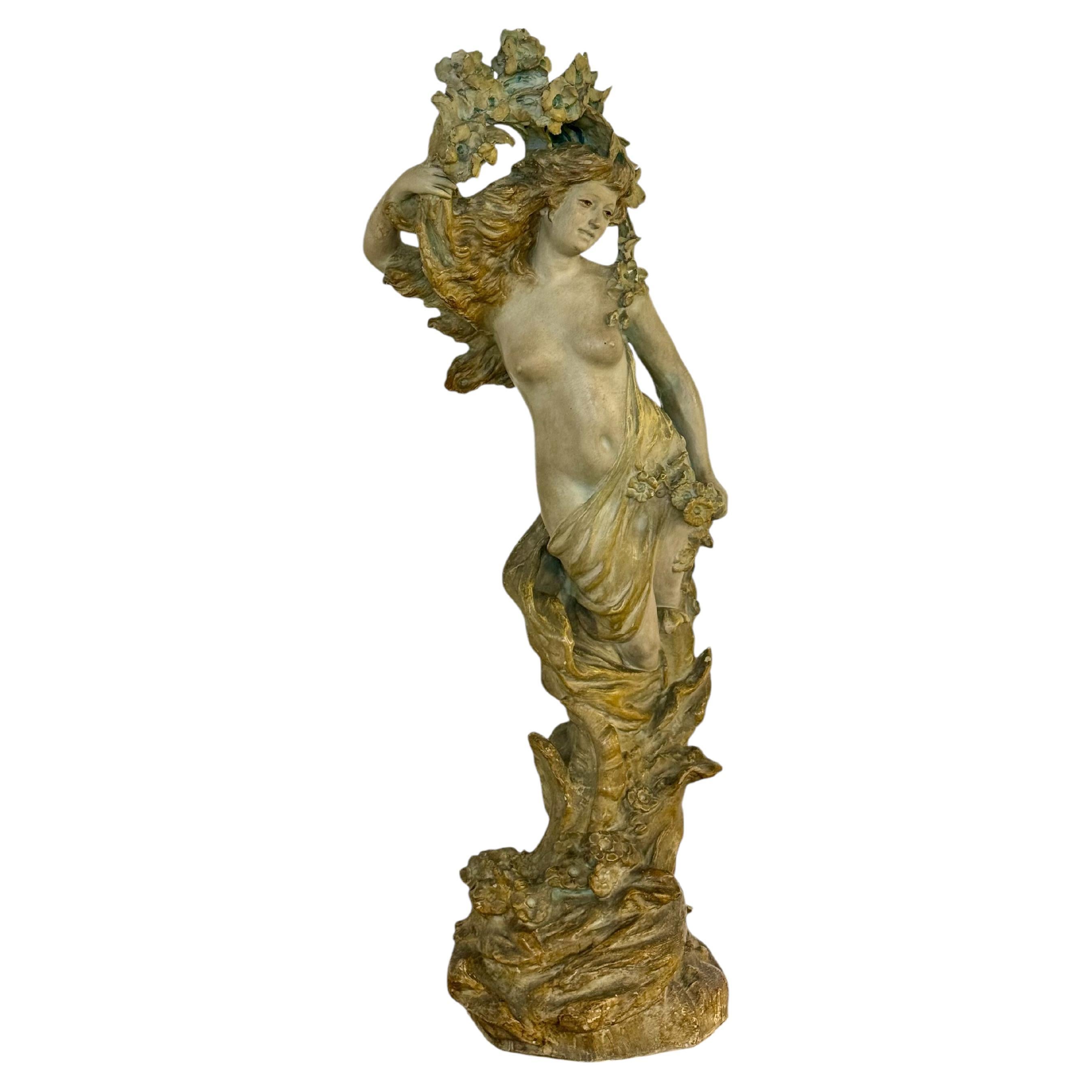 Large French Art Nouveau Polychrome Plaster Statue of a Floral Maiden, c.1900 For Sale