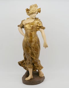 Large French Art Nouveau Polychrome Terracotta Water Carrier Sculpture by Dupond