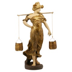 Large French Art Nouveau Polychrome Terracotta Water Carrier Sculpture by Dupond