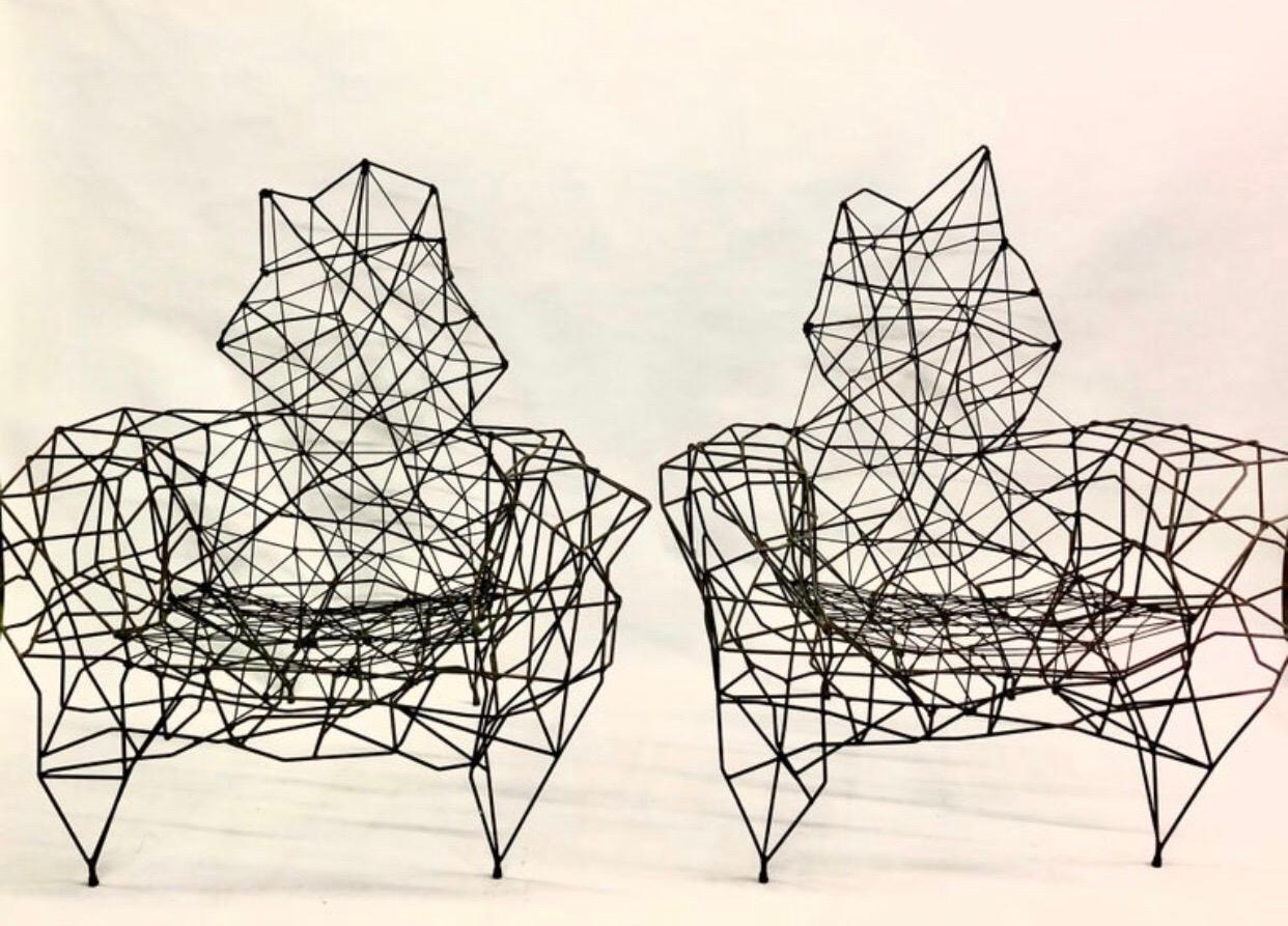 2 Rare and visionary large, French, modernist, architectural, armchairs / lounge chairs attributed to the French contemporary artist and sculptor, Gerard Coquelin, circa 1990. The chairs have a totally transparent skeletal structure, much like a