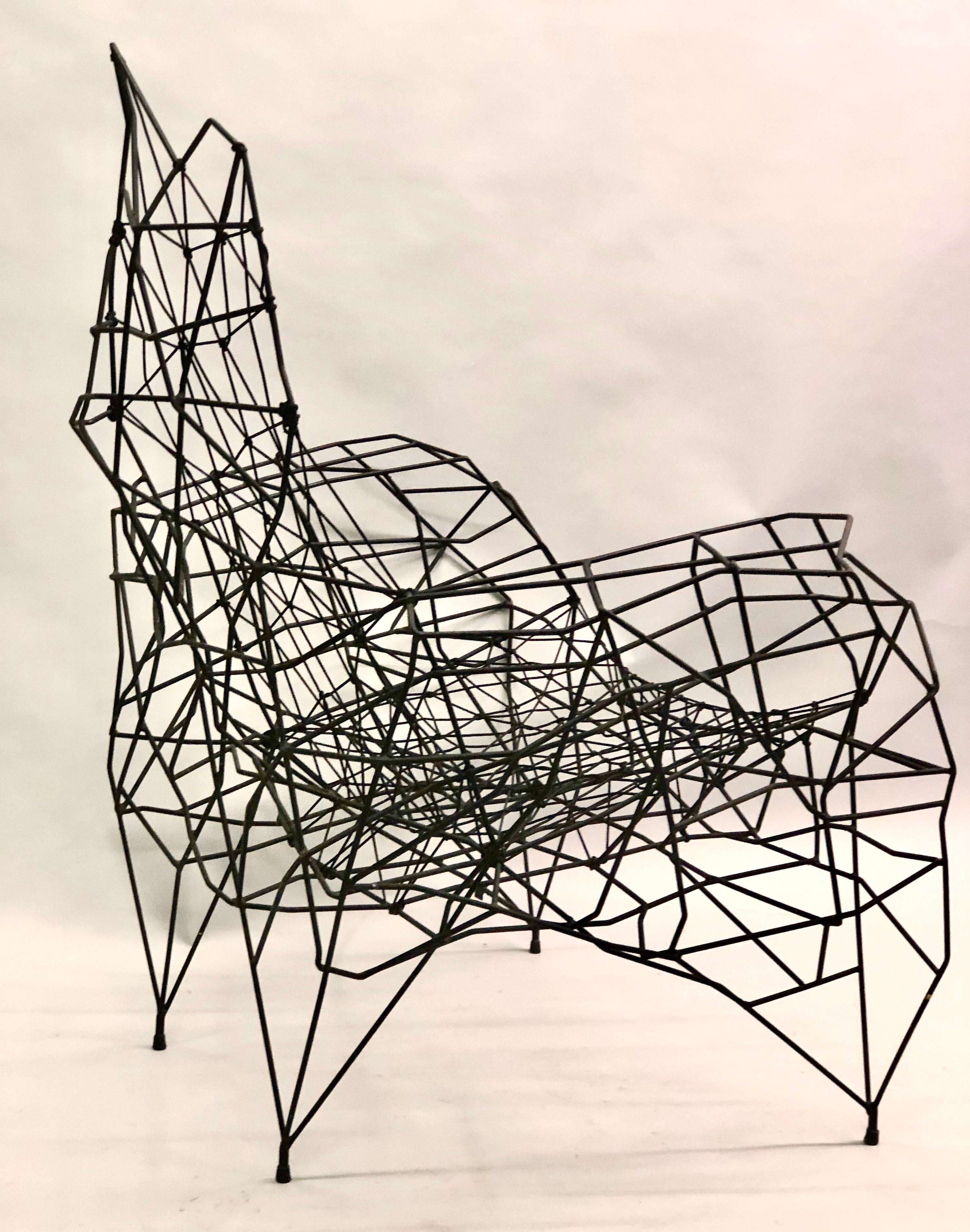 20th Century Large French Artist Wrought Iron, Wire & Nylon Sculpture Lounge Chair, Ron Arad For Sale