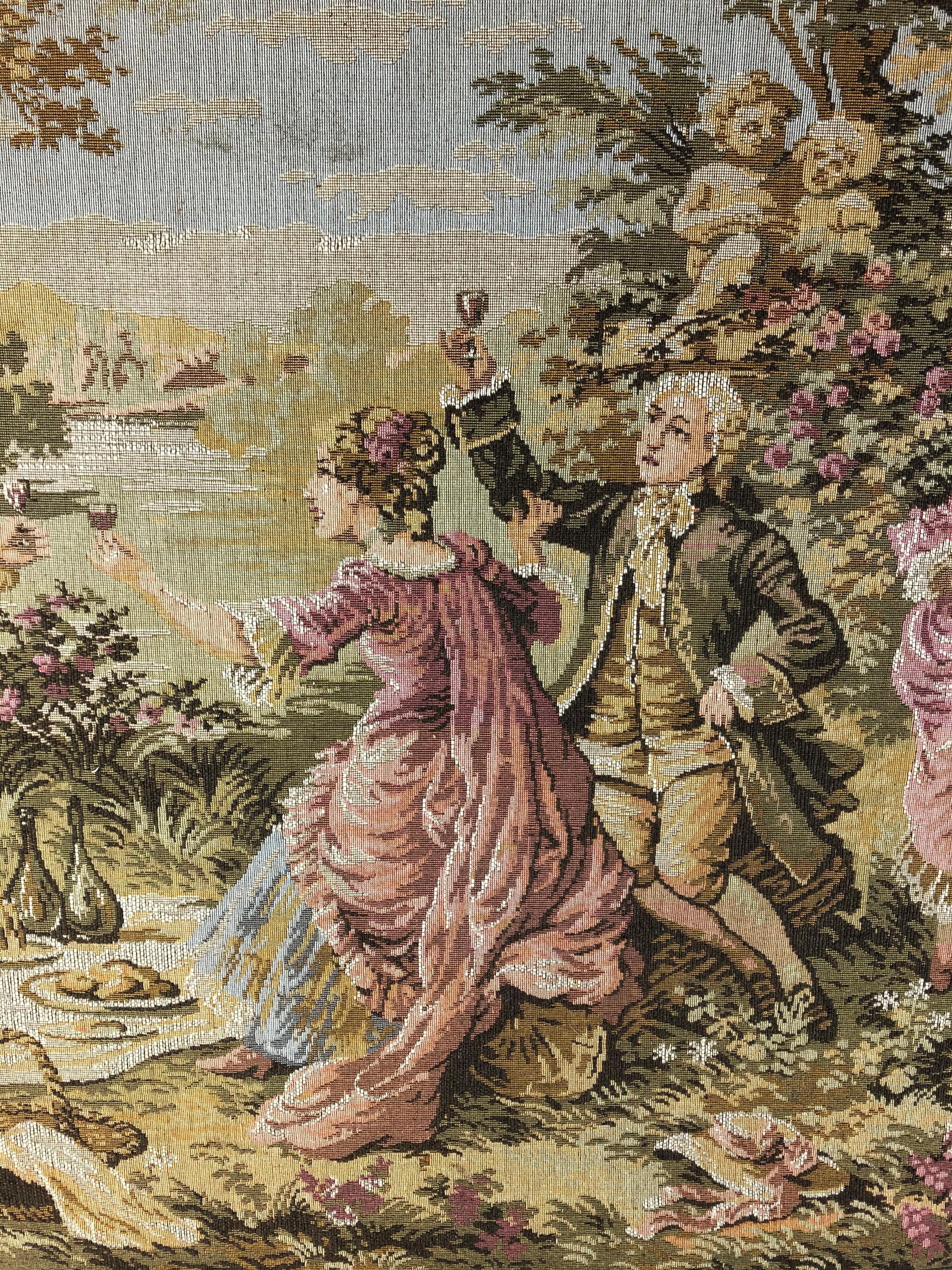 Großer französischer Aubusson-Jacquard-Wandteppich aus Jacquard, der eine pastorale und romantische Szene darstellt im Angebot 6