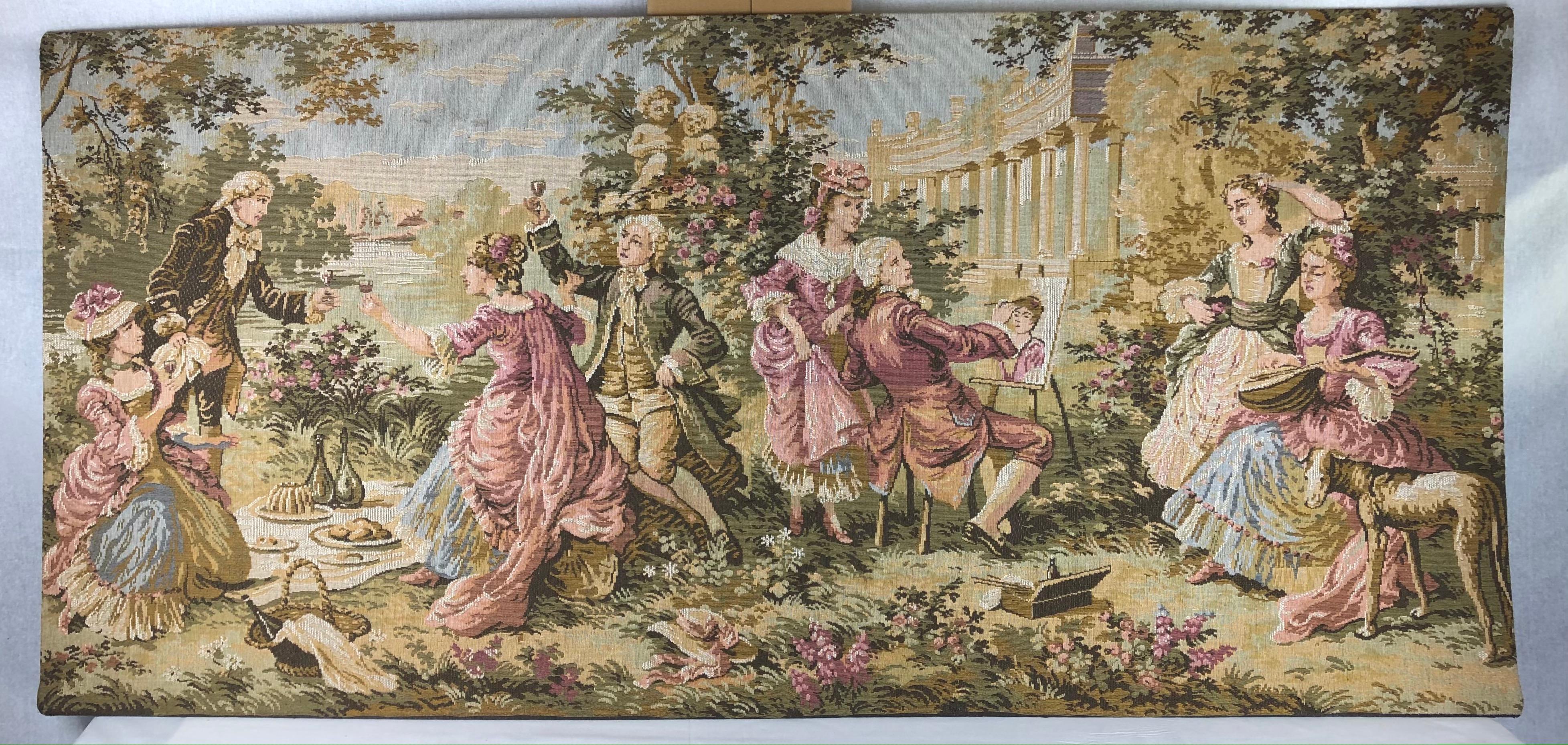 Großer französischer Aubusson-Jacquard-Wandteppich aus Jacquard, der eine pastorale und romantische Szene darstellt im Angebot 2