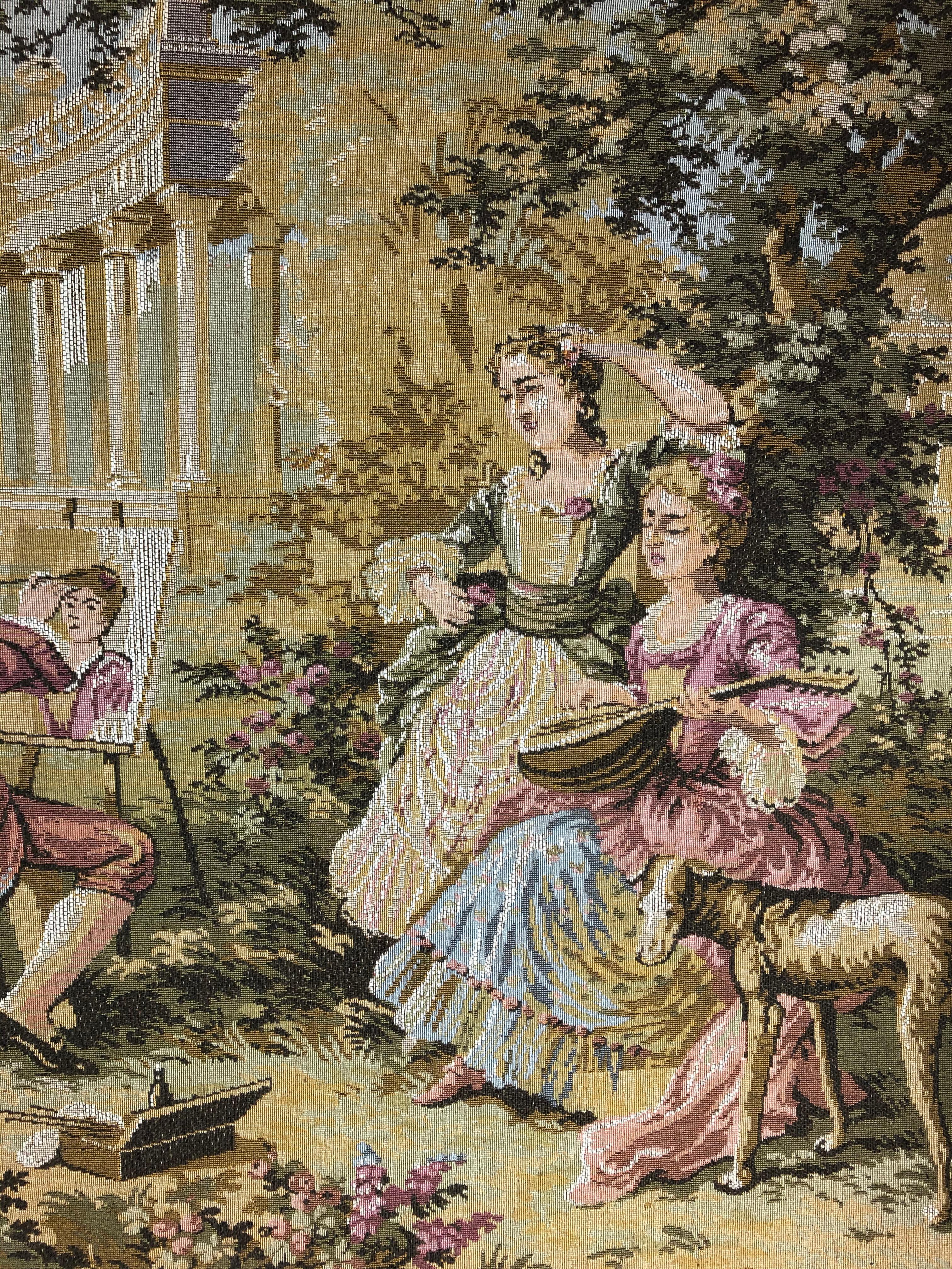 Gran tapiz francés de Aubusson Jacquard que representa una escena pastoral y romántica Francés en venta