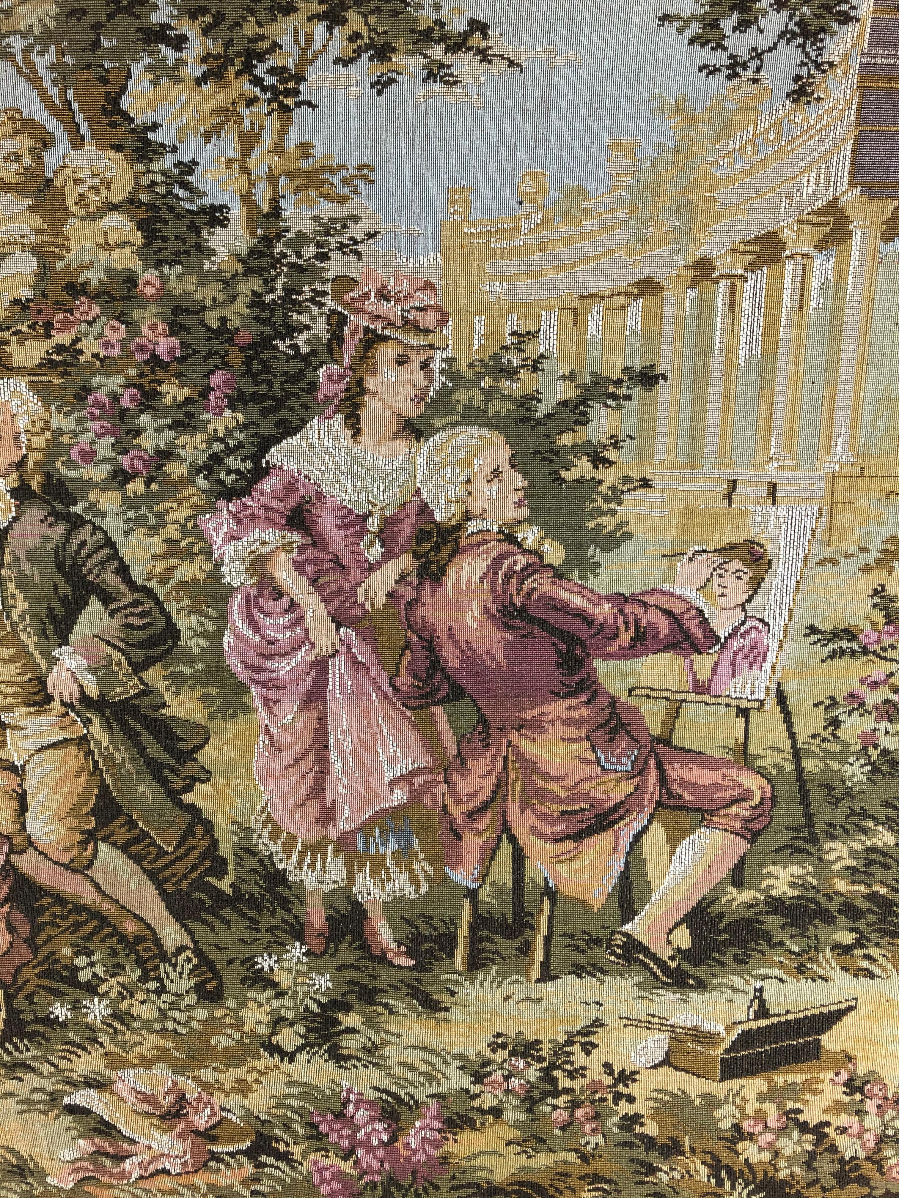 Gran tapiz francés de Aubusson Jacquard que representa una escena pastoral y romántica en Bueno estado para la venta en Miami, FL